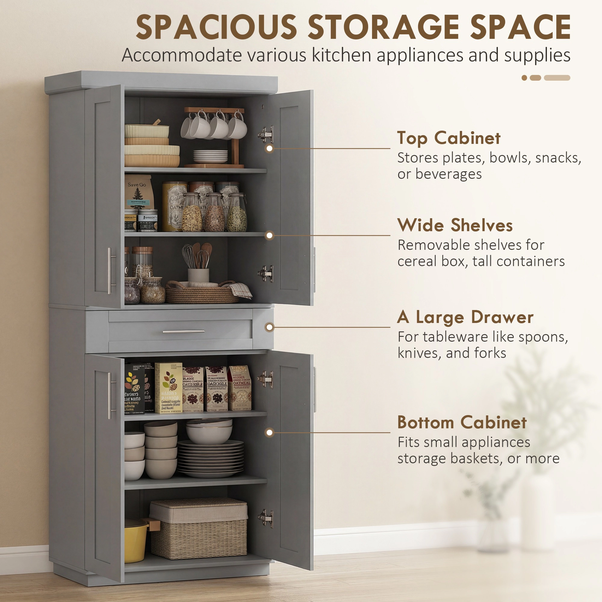 HONGGE Modern Kitchen Pantry Freestanding Cabinet Cupboard with Doors and Drawer Adjustable Shelving