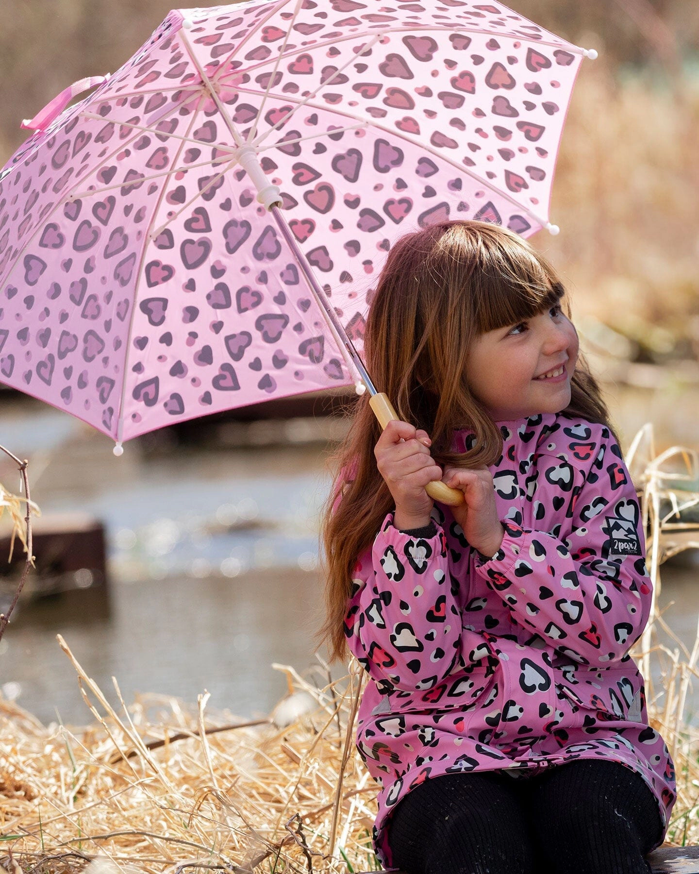 Deux par Deux Girls Color-Changing Umbrella Hearts Print