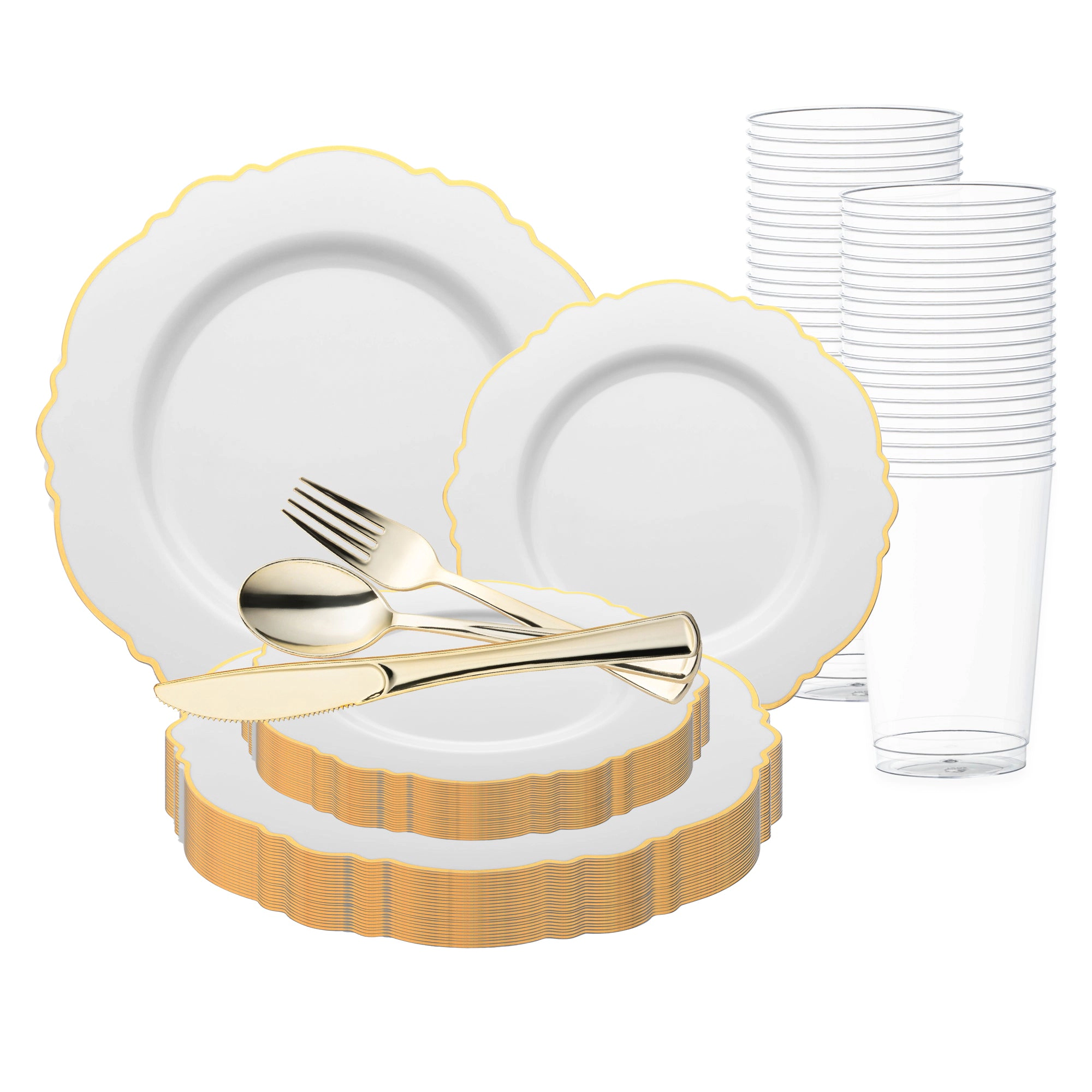Smarty Had A Party White with Gold Rim Round Blossom Disposable Plastic Wedding Value Set