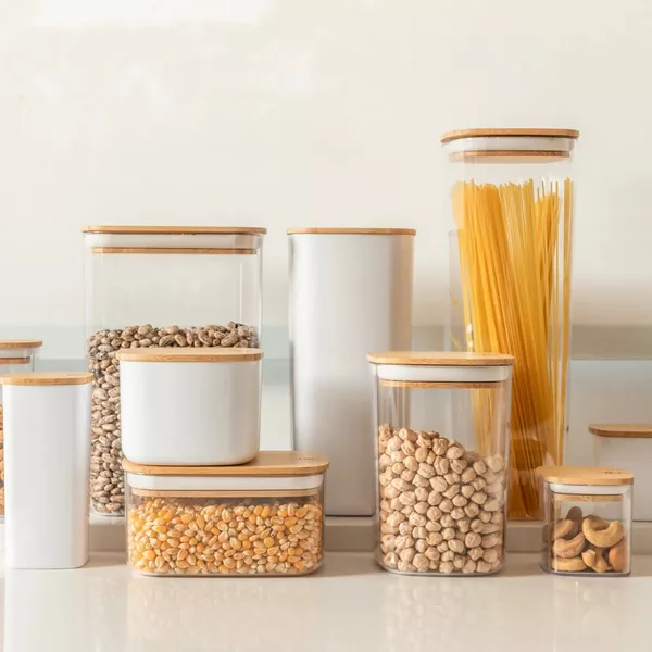 OU Airtight Food Storage Container Set 8pc, Clear Plastic Container w/ Leak Proof Bamboo Lid, Stackable Pantry Organizer