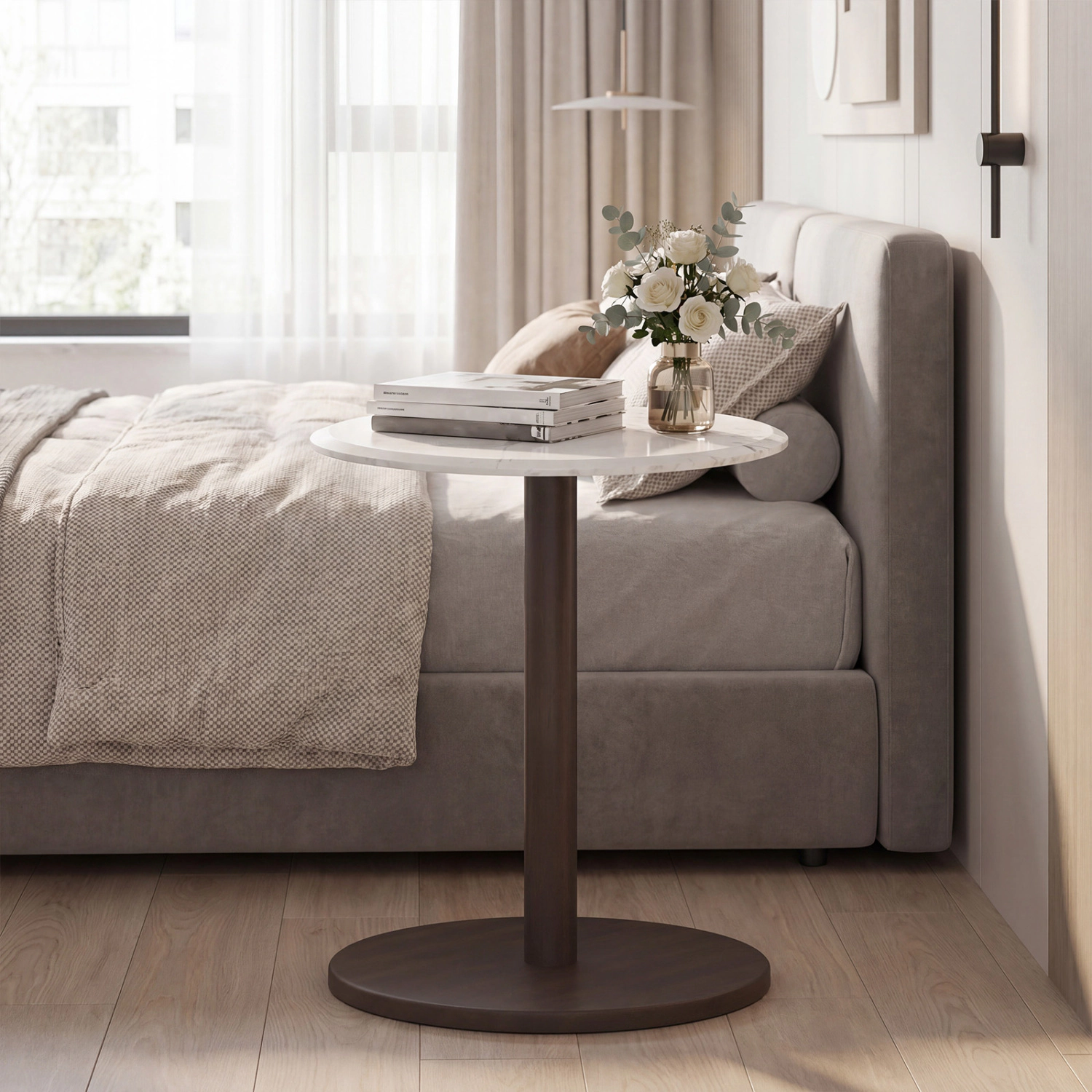 LJG Round Marble Side Table Pedestal End Table with Stone Finish and Wooden Base