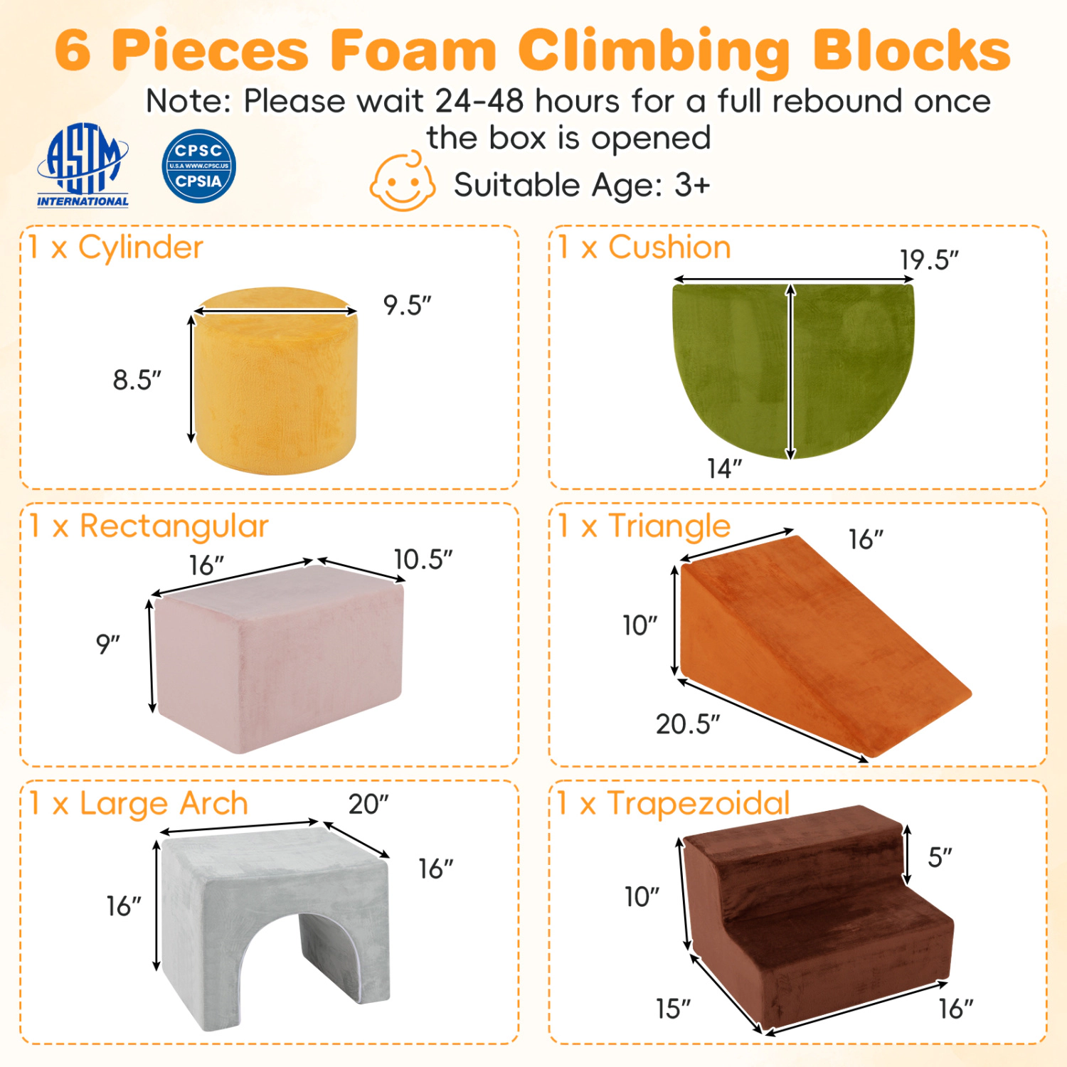 LJG 6 Pieces Foam Climbing Blocks for Kids with Slide and Tunnel