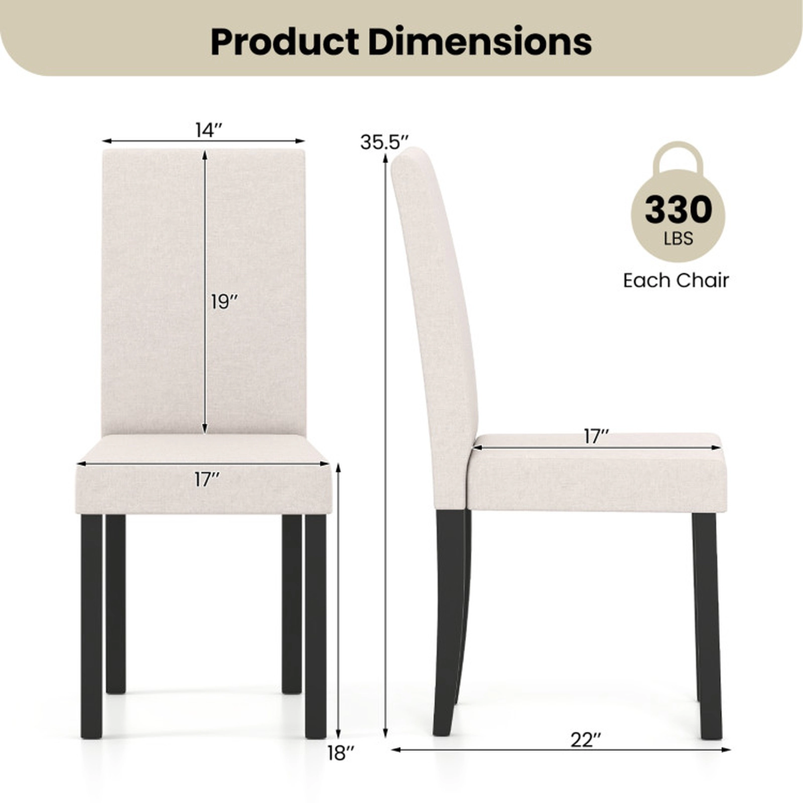 SUGIFT Set of 2 Mid-Century Modern Fabric Upholstered Parson Dining Chairs 330-Lb Capacity Beige