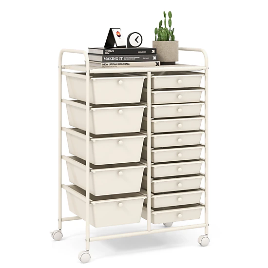 SUGIFT 15-Drawer Rolling File Storage Organizer Cart 22-lb Top Capacity 25-in Wide Utility Cabinet White/Silver