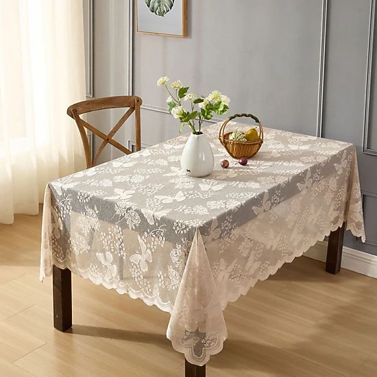 HLC.ME Butterfly Floral Scalloped Lace Fabric Wrinkle Resistant Tablecloth