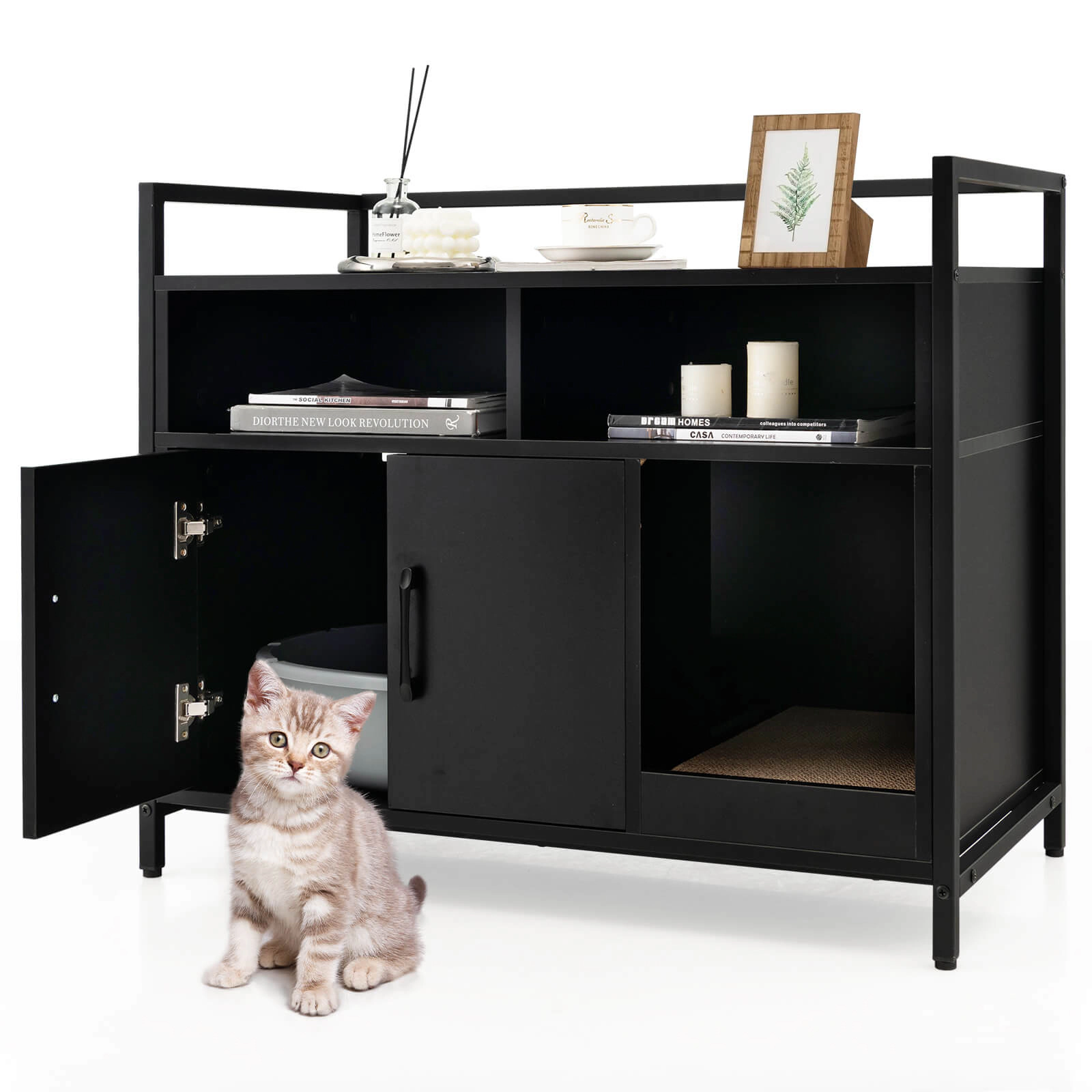 SUGIFT 35 x 29.5-in 110-lb Tabletop Capacity Hidden Cat Litter Box Enclosure with Double Doors and Scratch Board