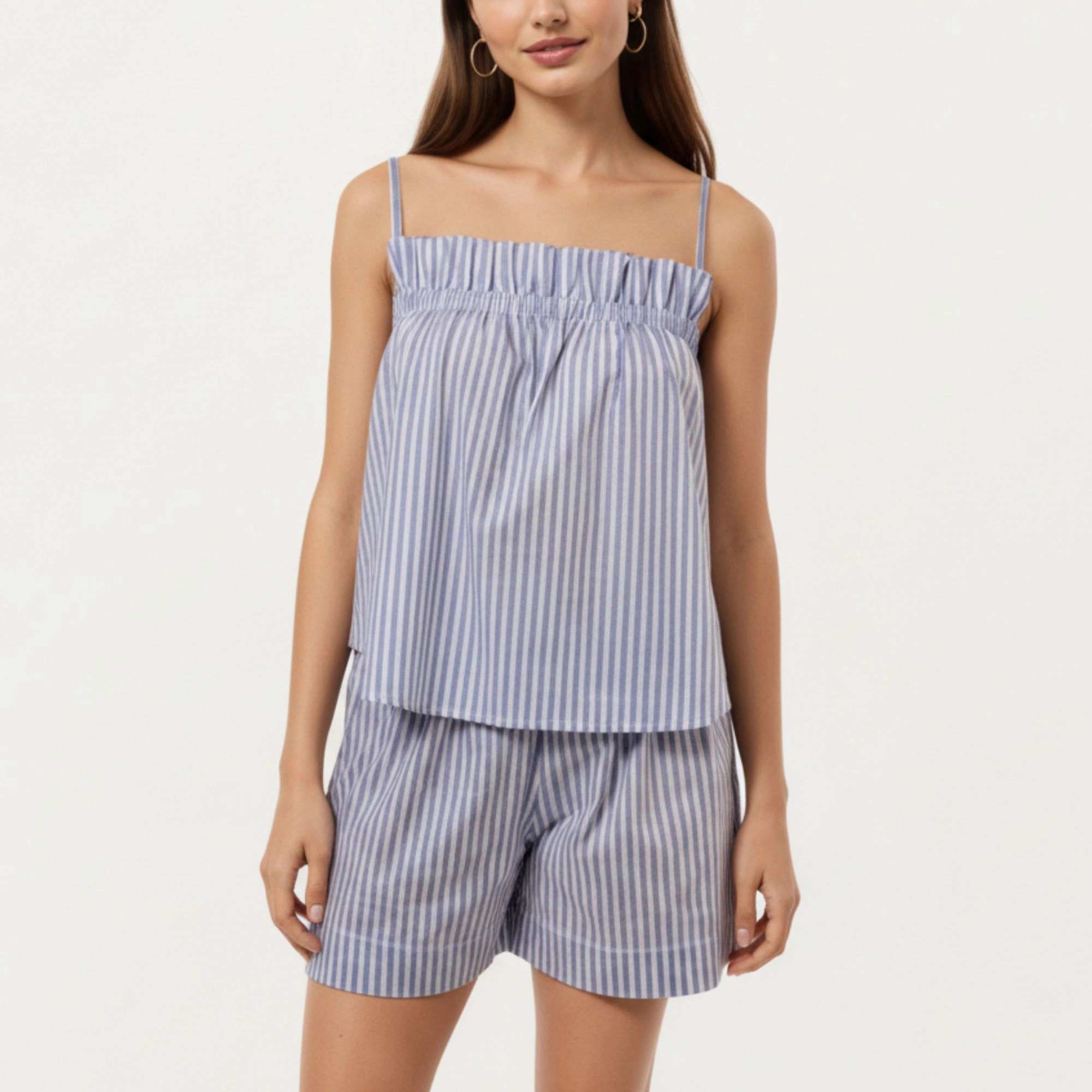 Anna-Kaci Women's Striped Pajama Set with Ruffle Trim Cami Top and Casual Fit Shorts
