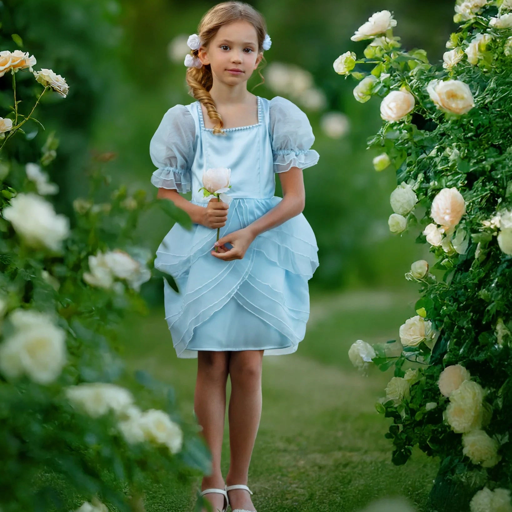 Faeella Girls Sky Petal Princess Ruffle Blue Birthday Dress