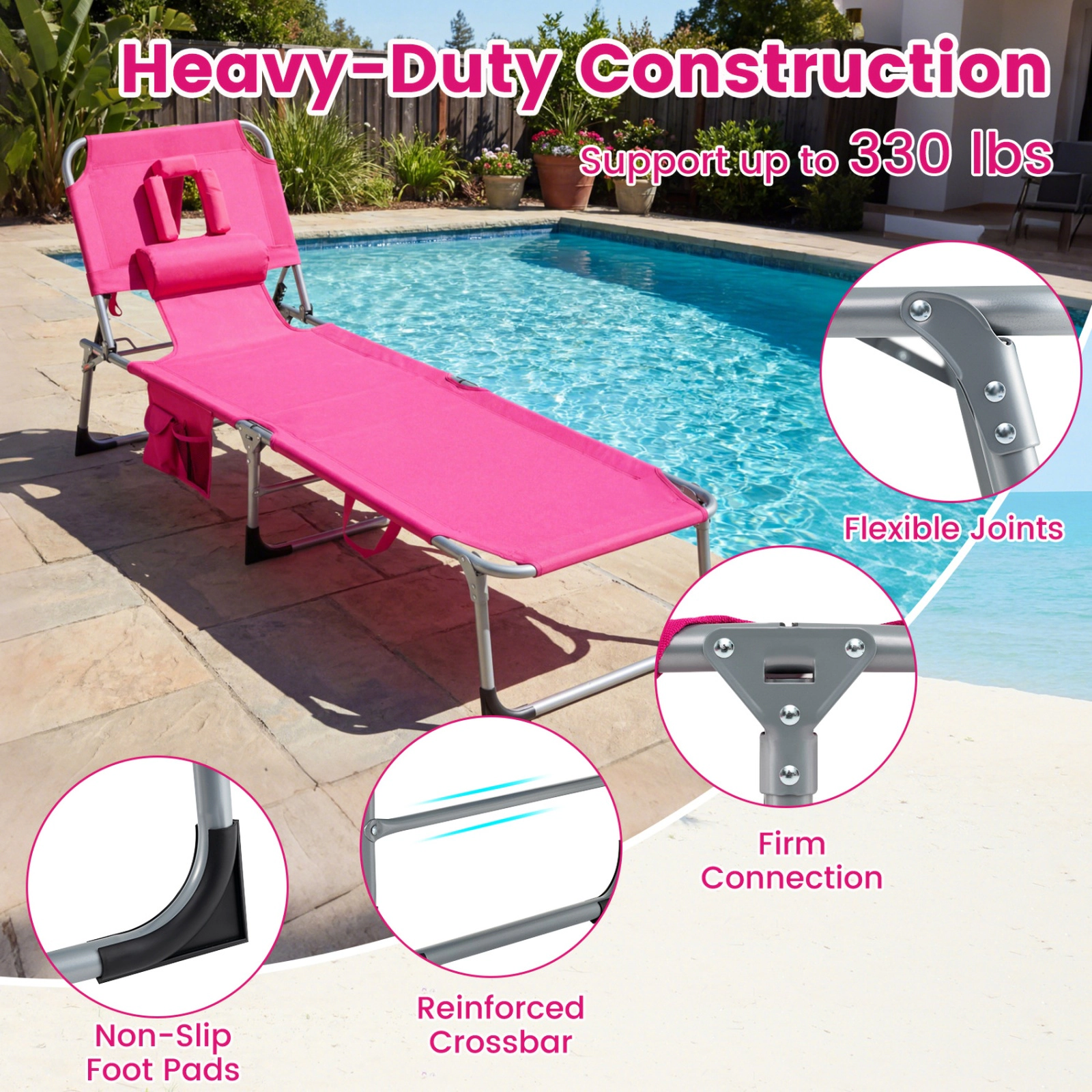 SUGIFT Face and Arm Slots Carry Strap and Storage Pockets 330-lb Pink Folding Tanning Chair