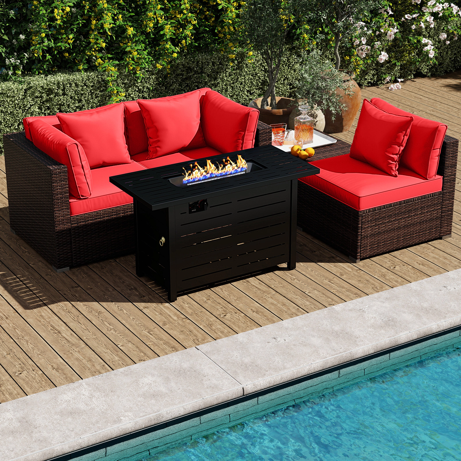 SUGIFT 5-Piece Red Rattan Patio Fire Pit Set, 60,000 BTU Fire Table, Corner Sofas and Ottoman