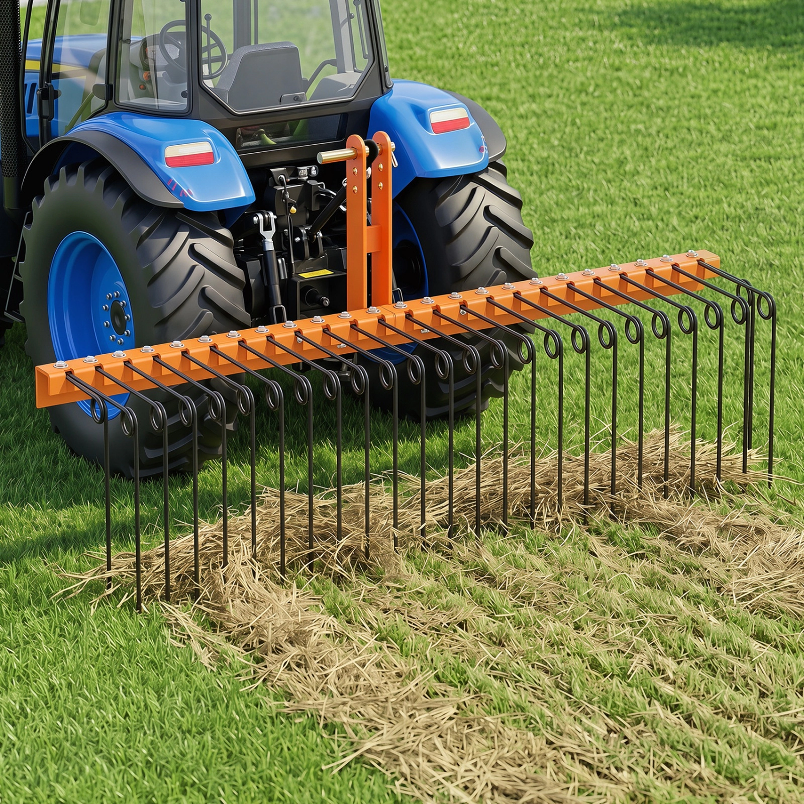 SUGIFT 60-in Pine Straw Rake Tow-Behind Garden Cart Attachment with 26 Metal Coil Tines 73-lb Metal Frame Black & Orange