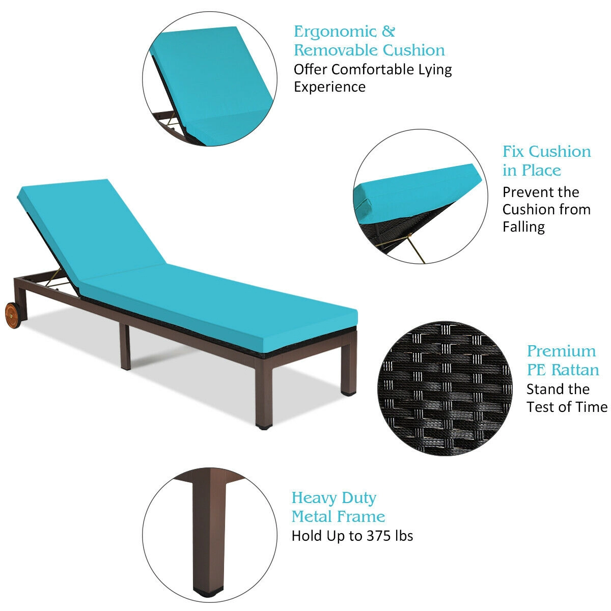 Outdoor Wicker Patio Chaise Lounge Recliner Chair with 5-Position Adjustment and Wheels