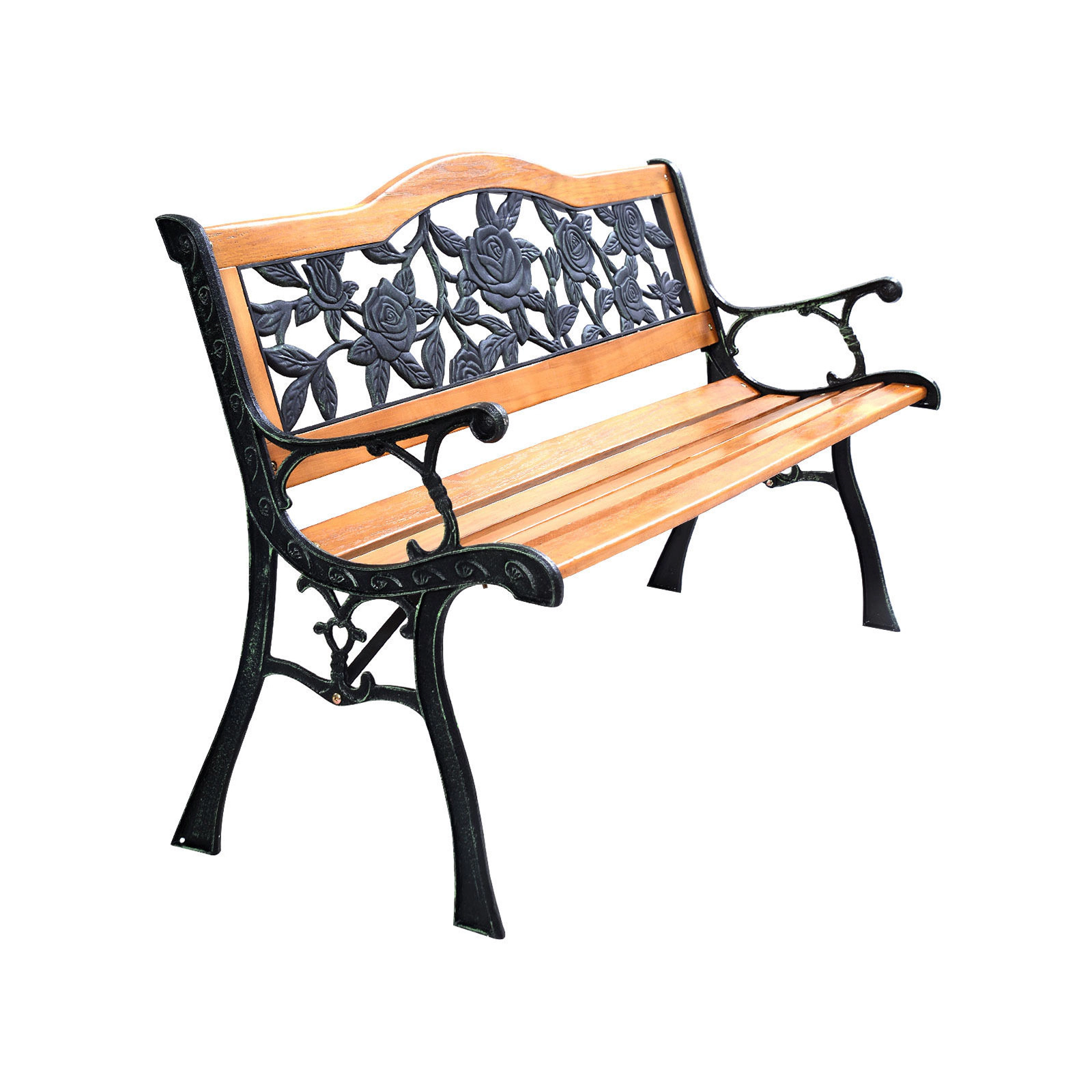 Hivvago Garden Bench Chair Outdoor Wooden Loveseat With Iron Armrest