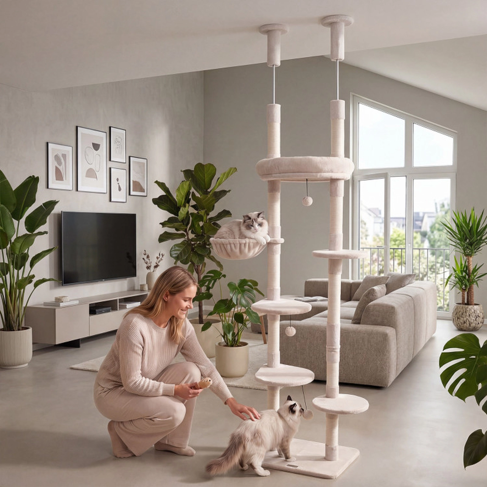 SUGIFT 6-Tier Floor to Ceiling Cat Tree Adjustable 93-in to 105.5-in with Rotating Plush Bed and Sisal Posts