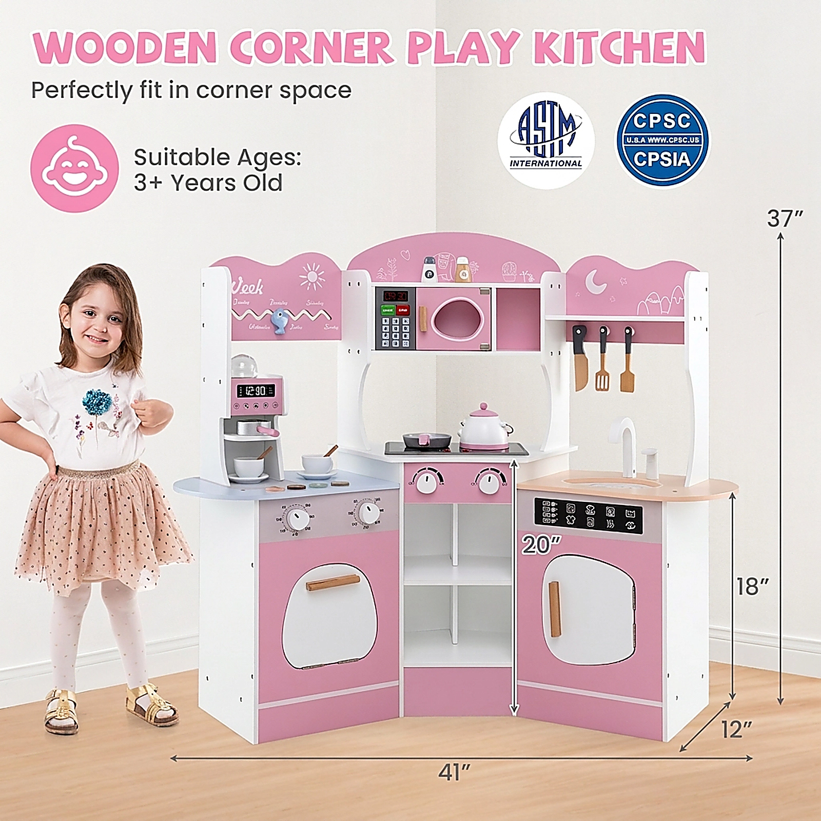 SUGIFT Machine Slide and 18 Accessories Corner Wooden Kids Play Kitchen