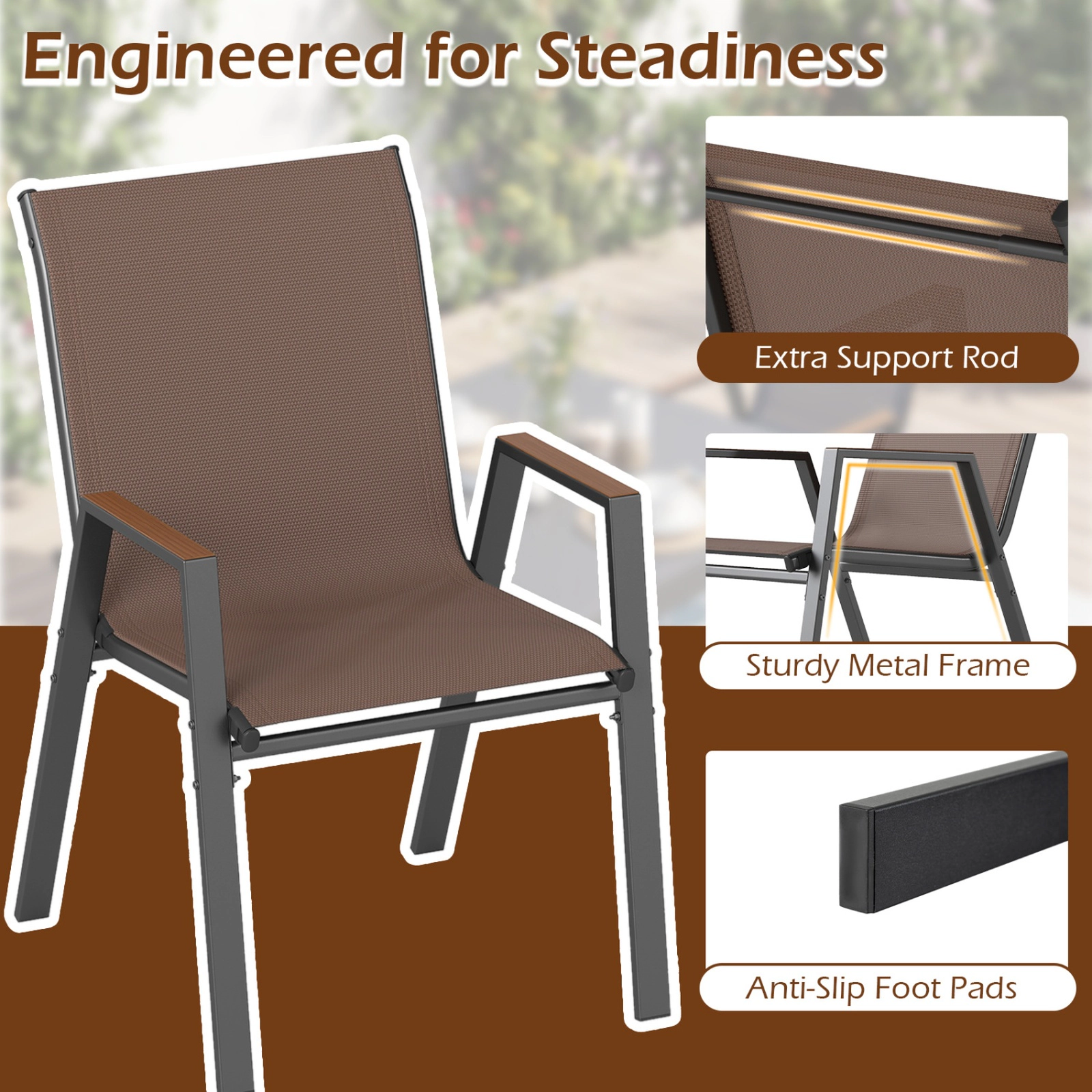 SUGIFT Set of 4 Stackable Patio Sling Chairs with High Backs 400-lb Capacity 22 x 26 x 35 in Brown/Black