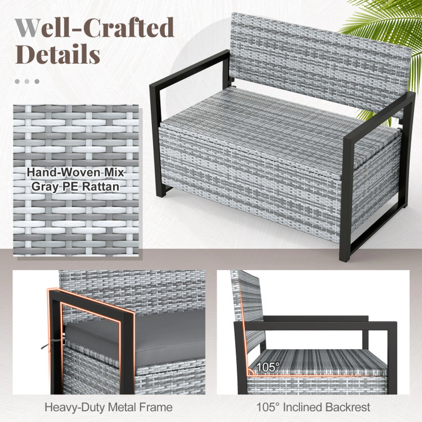 SUGIFT Gray 40-Gallon 800-lb Capacity Wicker Outdoor Storage Bench Loveseat with Cushion and Liner