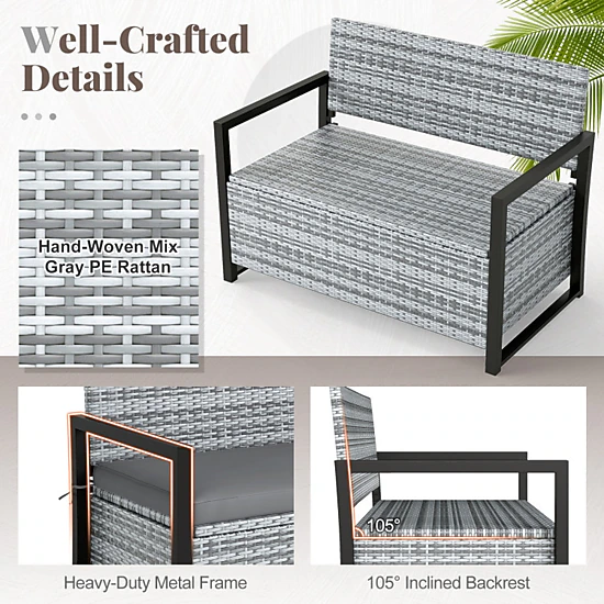 SUGIFT Gray 40-Gallon 800-lb Capacity Wicker Outdoor Storage Bench Loveseat with Cushion and Liner