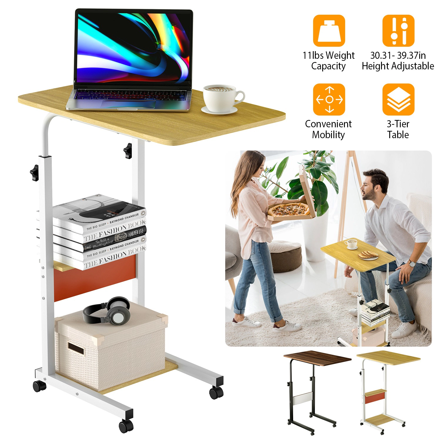 GBruno 3-Tier C-Shaped Side Table With Wheels