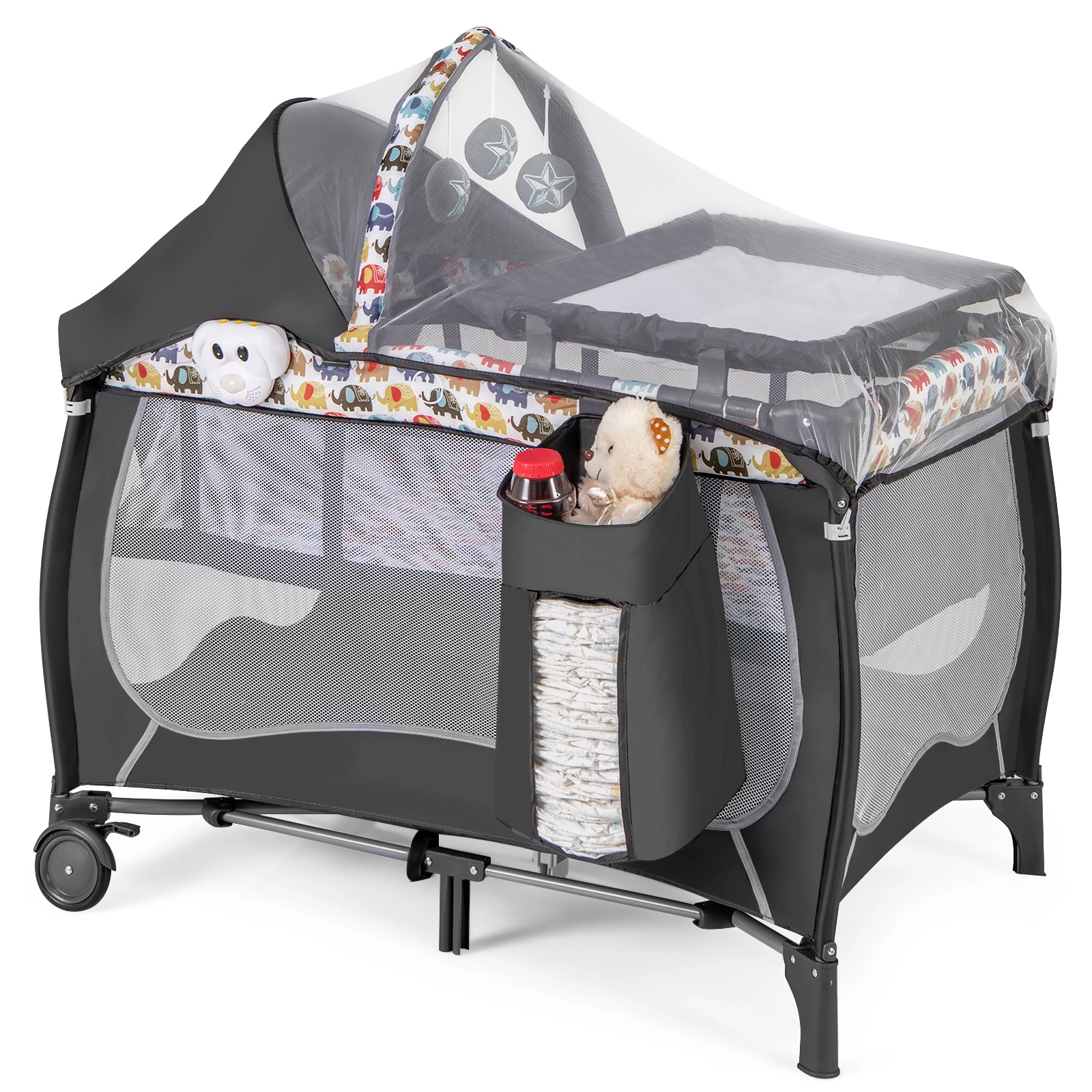 SUGIFT 4-in-1 Portable Baby Nursery Center Playard 40-in Basic Playard 33-lb Capacity Ages 0-3 Years Gray/Multicolor