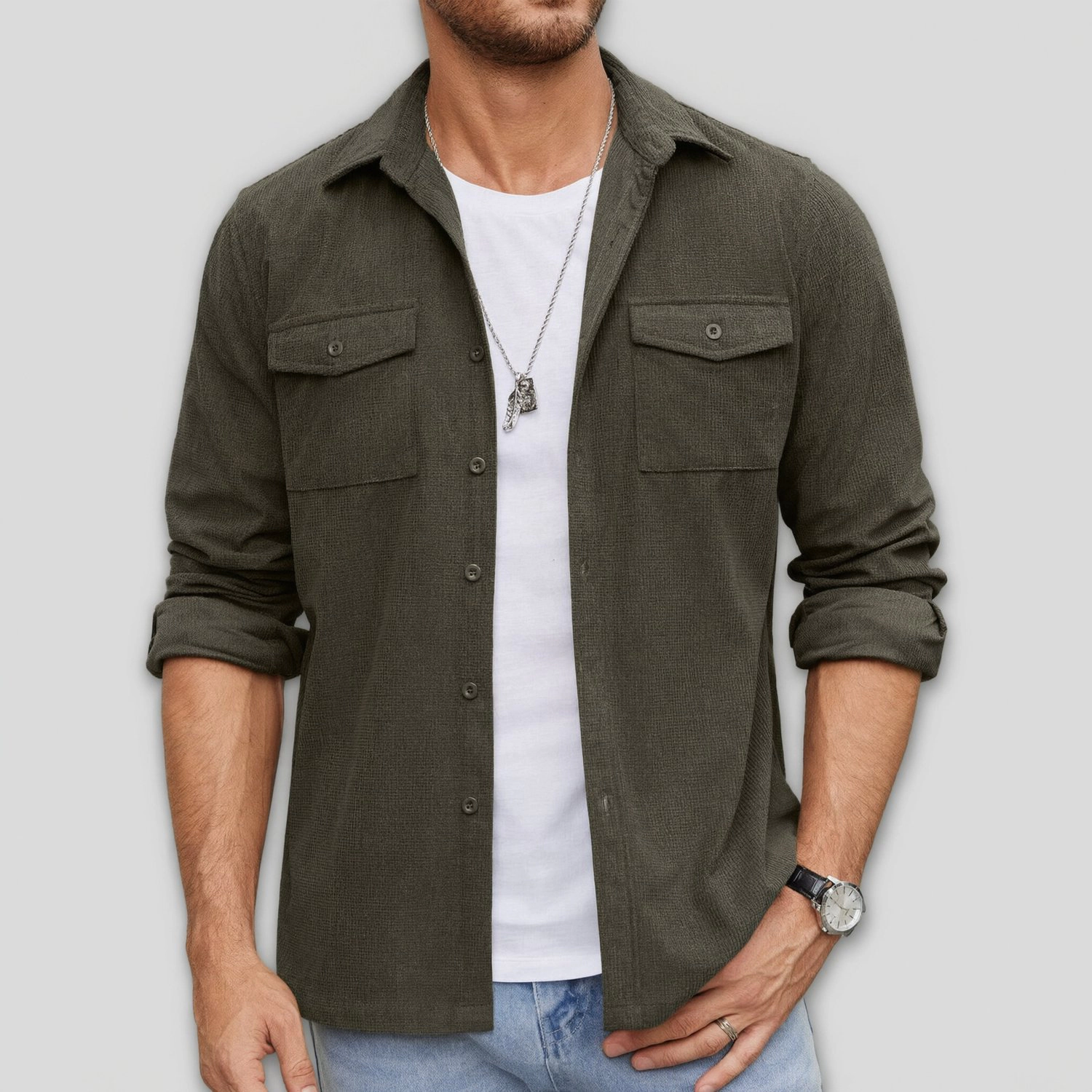 COOFANDY Mens Casual Long Sleeve Shirts Fall Lapel Collar Button Down Overshirt