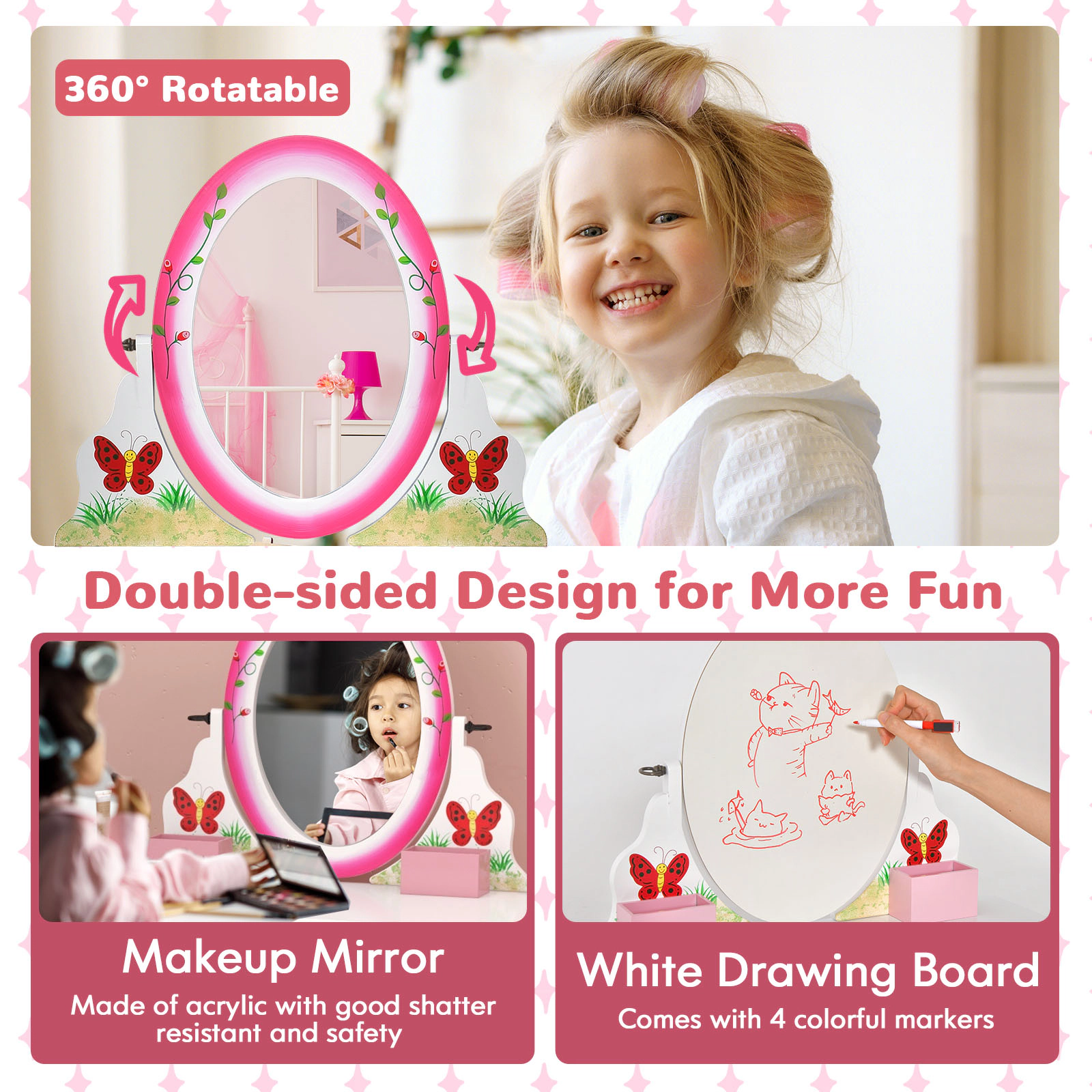SUGIFT Kids 360-Degree Rotating Mirror Whiteboard Vanity Table and Stool Set 27-in x 16.5-in x 39.5-in 154-lb Pink