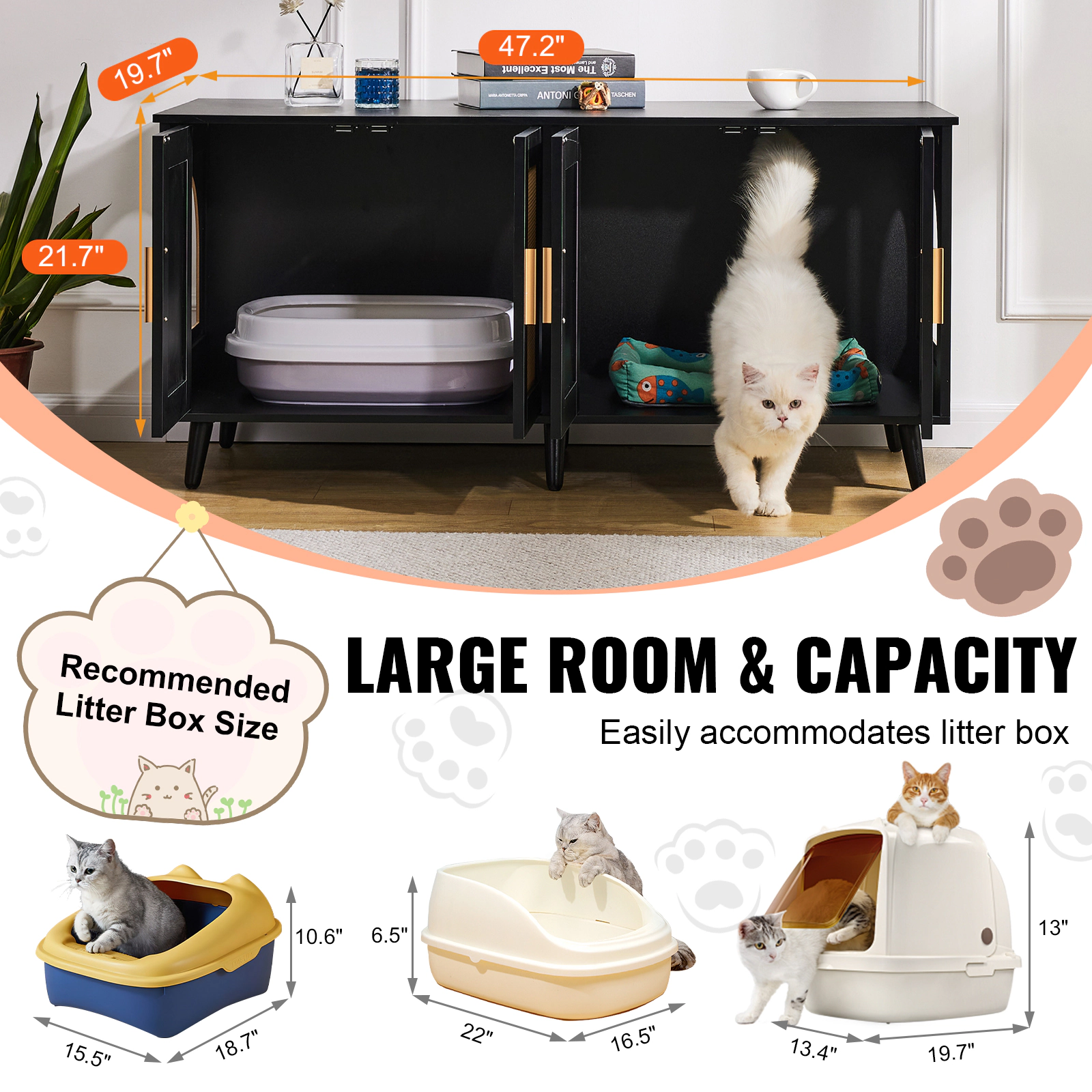 HONGGE Cat Litter Box Enclosure for 2 Cats Litter Box Furniture Hidden with Wooden Cat Box Cabinet Fit Most of Litter