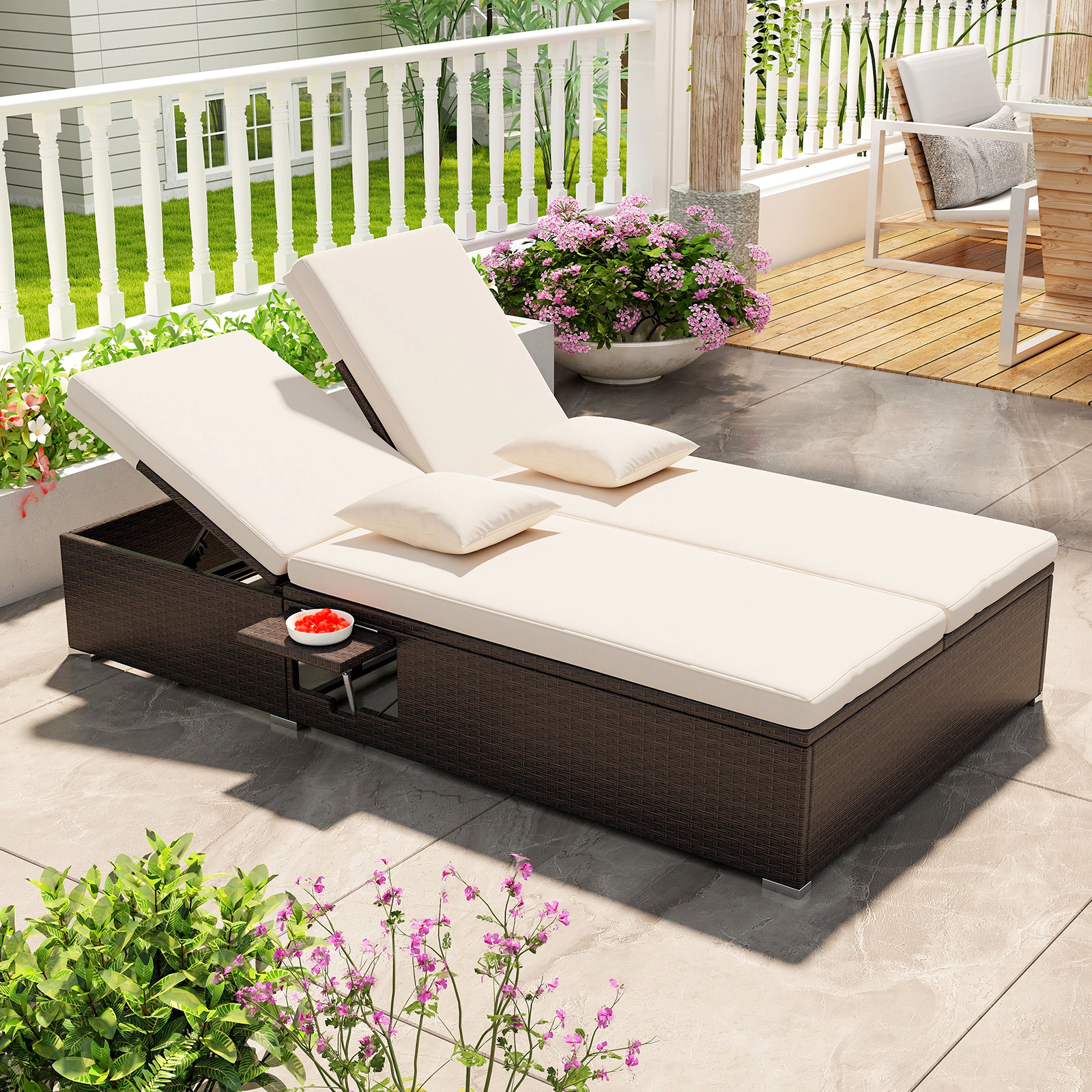 Patio Double Chaise Lounge Outdoor Daybed for 2 with PE Rattan 6-Level Dual Backrests Cushions Beige