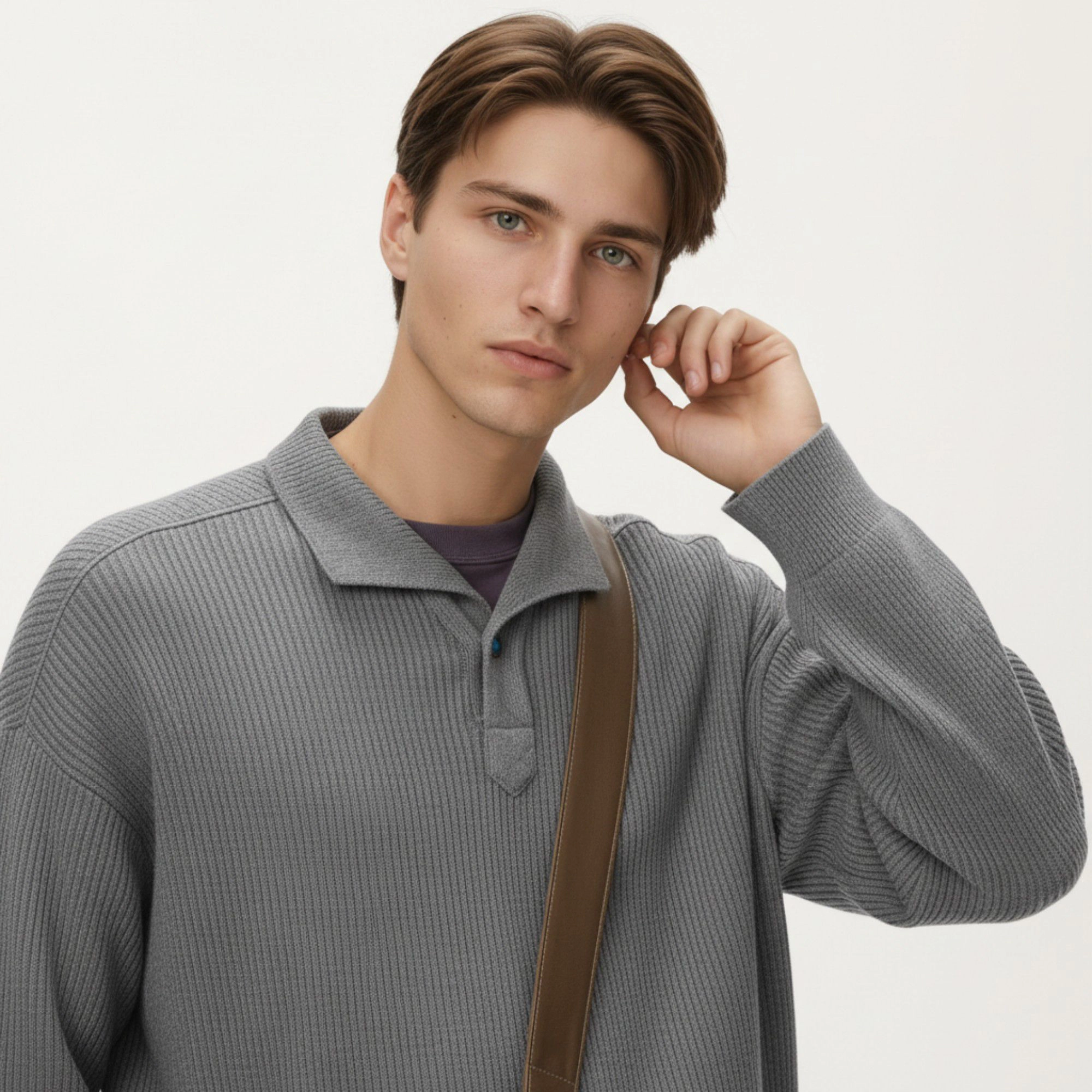 Anna-Kaci Men's Ribbed Long Sleeve Polo Sweater with Relaxed Fit and Soft Knit Texture