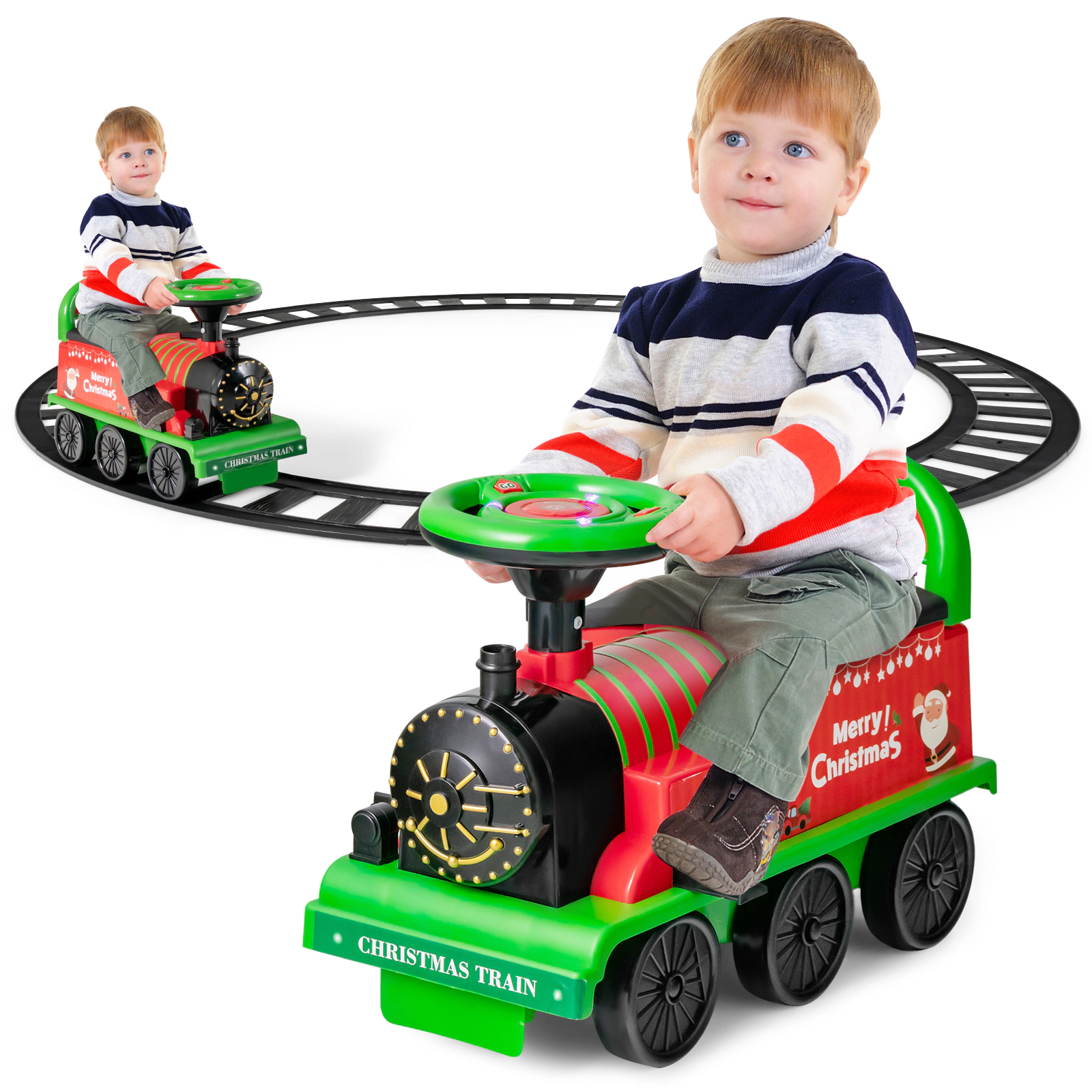 Costway 6V Electric Kids Ride On Train Motorized Train Toy w/ Track & 6 Wheels Blue