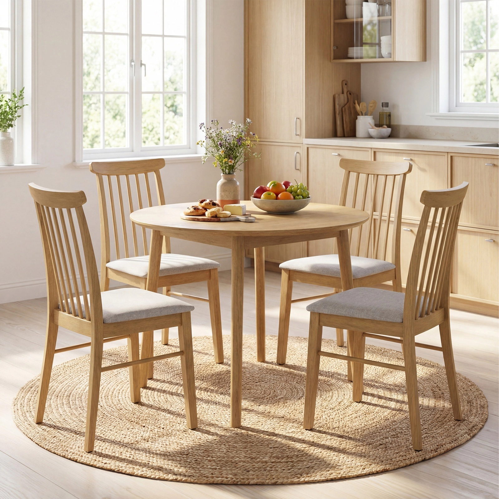 SUGIFT Set of 4 Farmhouse Dining Chairs, Armless Upholstered Spindle Back, Natural Rubber Wood