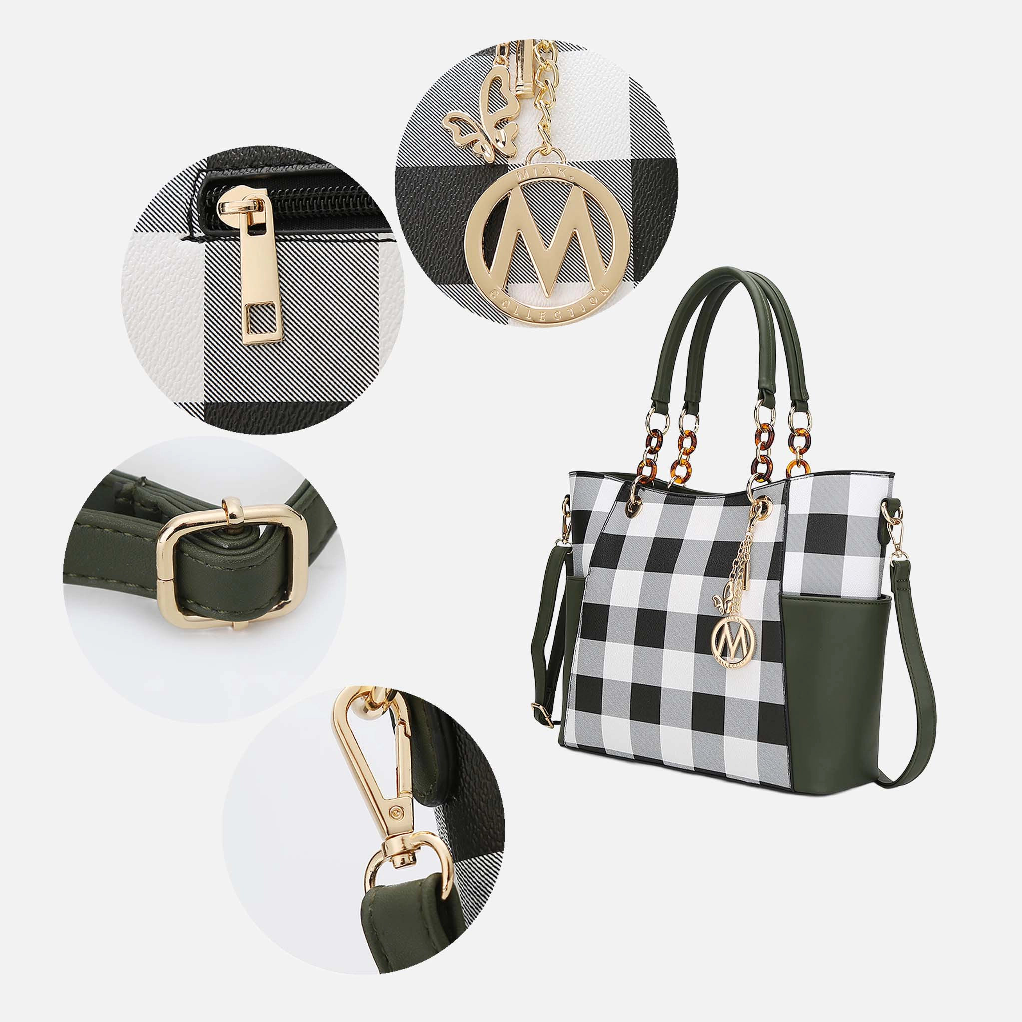 Mia K Collection Bonita Checker Tote Bag with Acrylic Chain Handles and Matching Wallet