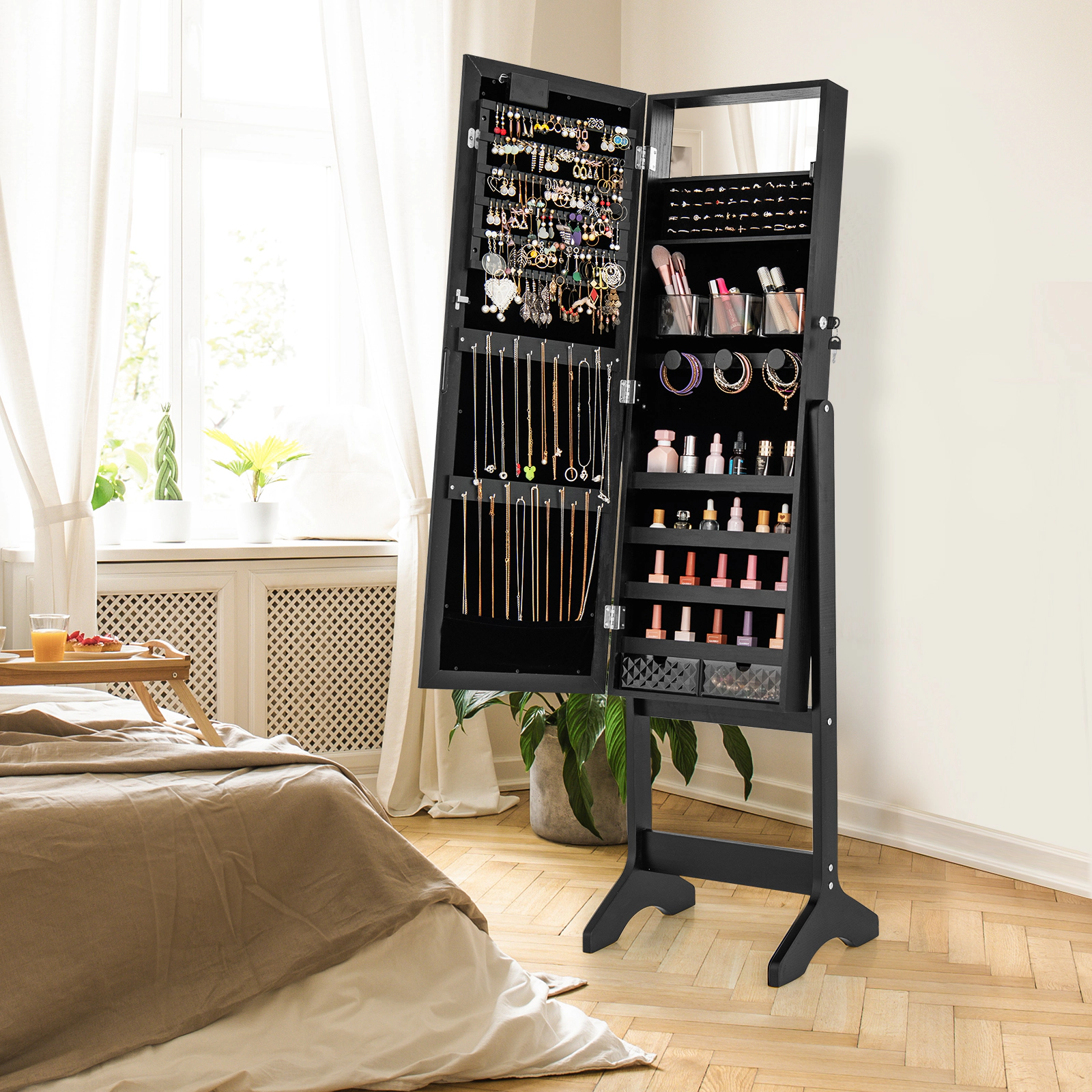 SlickBlue Standing Jewelry Armoire with Makeup Mirror and Lights