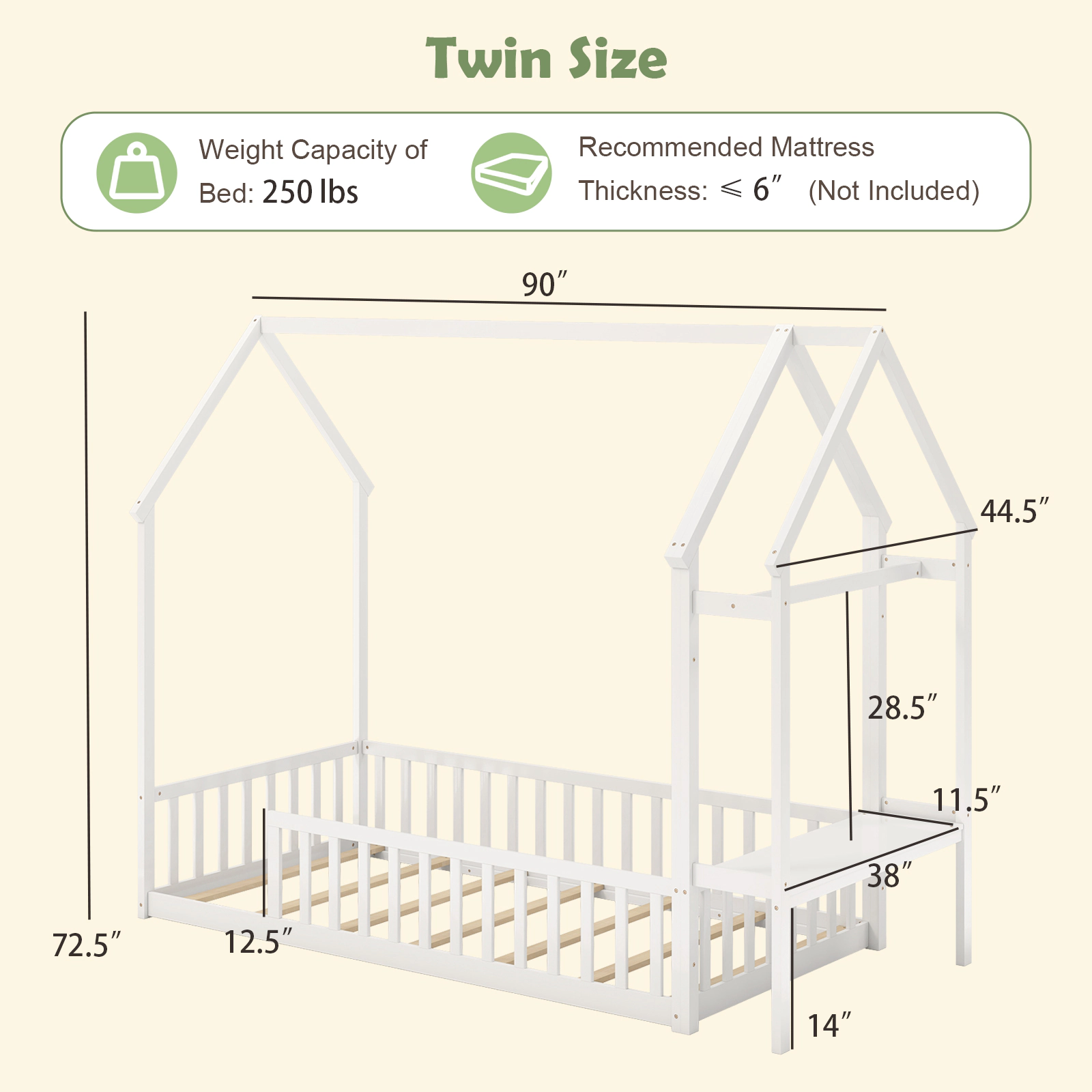 SUGIFT White Storage Shelf and Reversible Clothes Hanger Twin Kids House Floor Bed