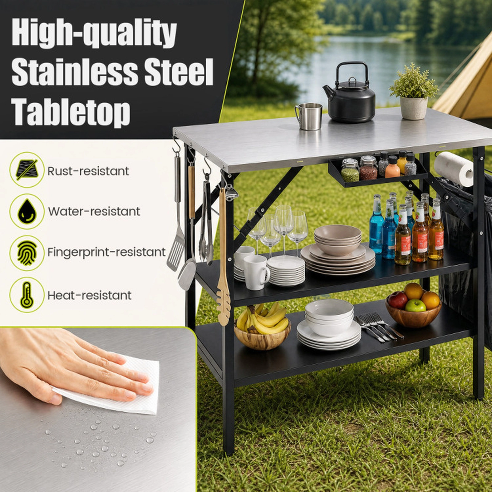 SUGIFT Foldable Outdoor Cook Station Table with Stainless Steel Top 150-lb Tabletop Capacity 2 Removable Shelves Black