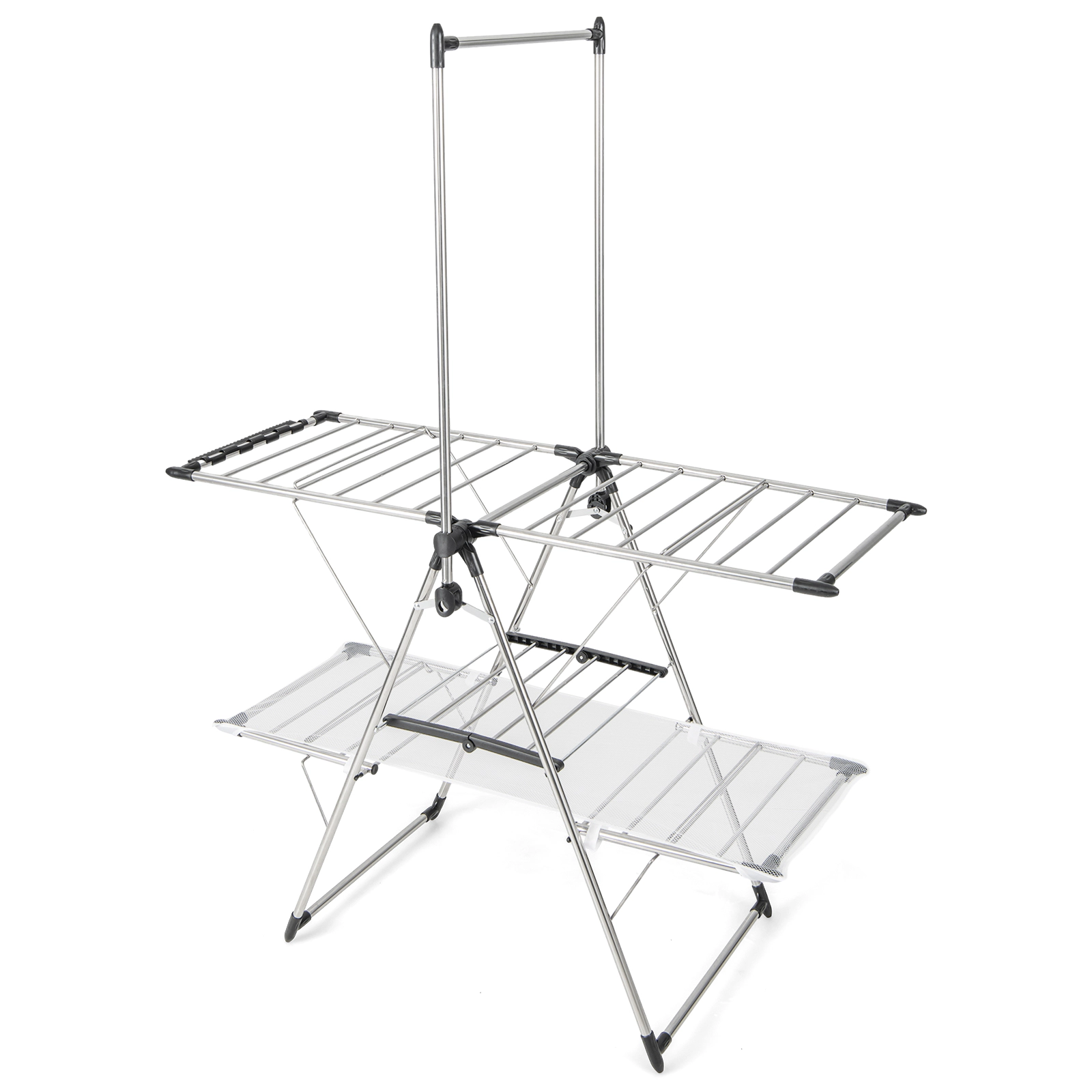 SUGIFT Large Foldable Clothes Drying Rack Silver with Tall Hanging Bar and Shelf