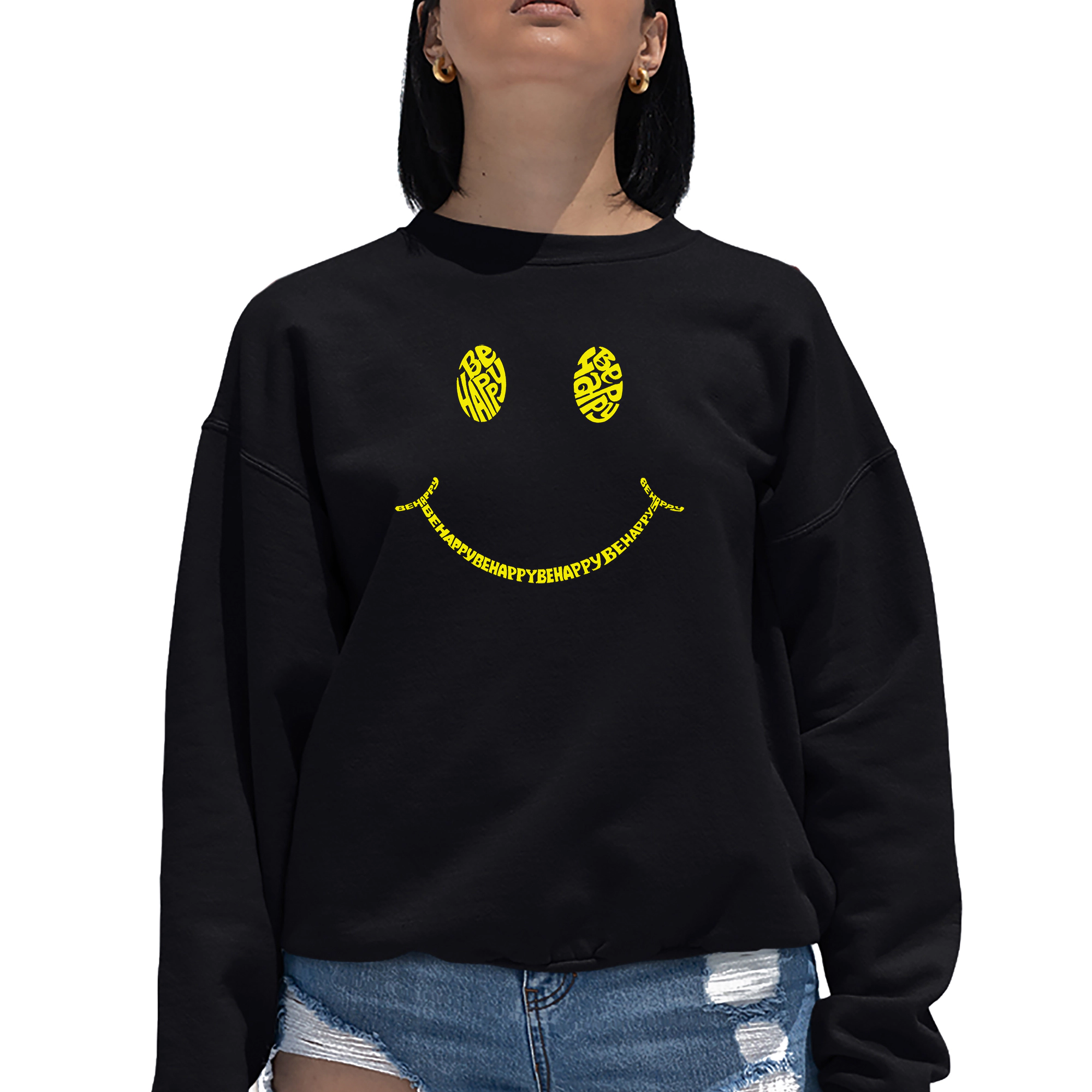 LA Pop Art Be Happy Smiley Face - Women's Word Crewneck Sweatshirt