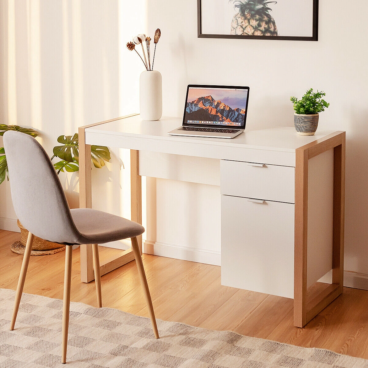 SUGIFT White Cabinet and Drawer 44 Inch Modern Computer Desk Writing Workstation