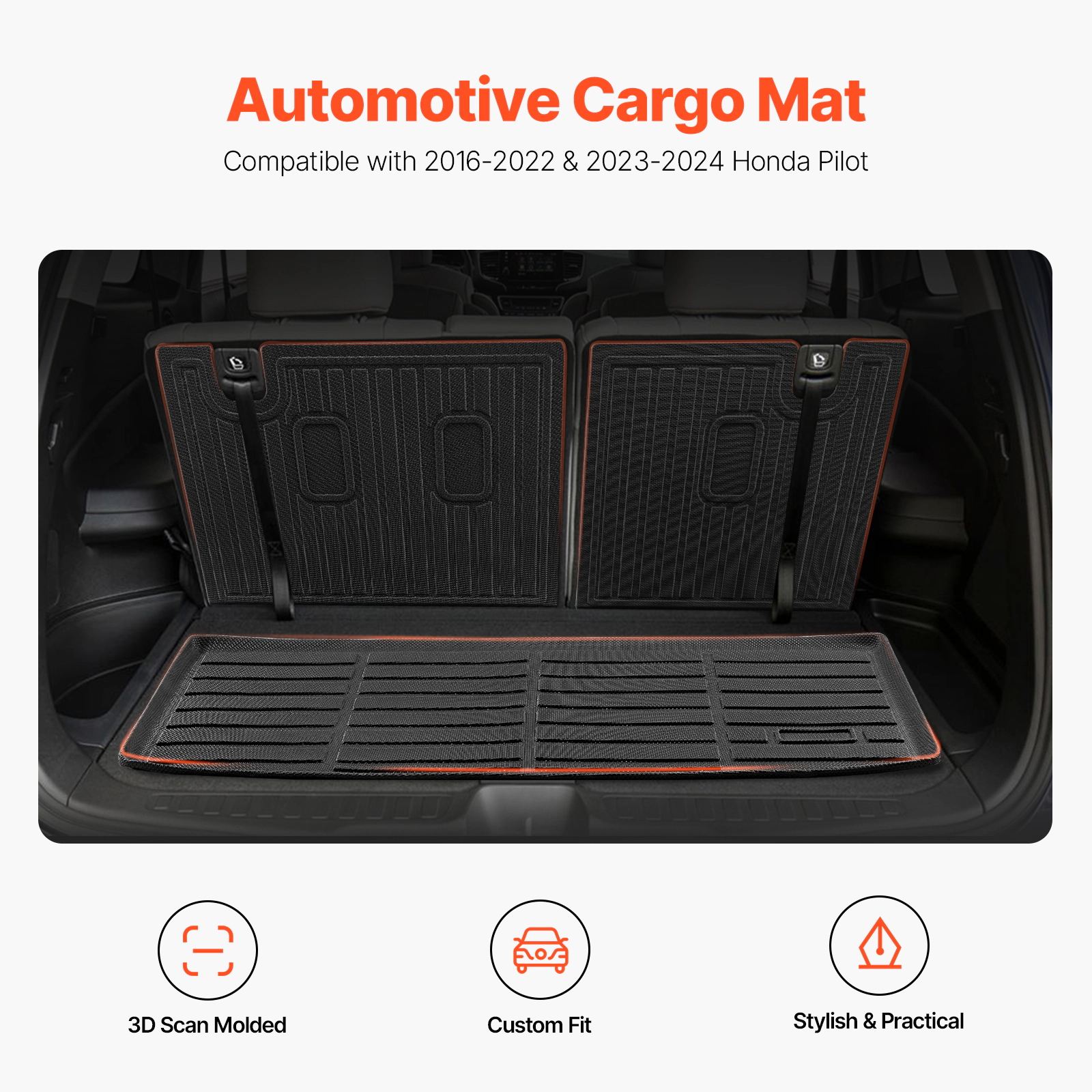 HONGGE Custom Fit TPE Cargo Mat for Honda Pilot 2016-2022 & 2023-2024, Trunk Liner with Backrest Mats, Black