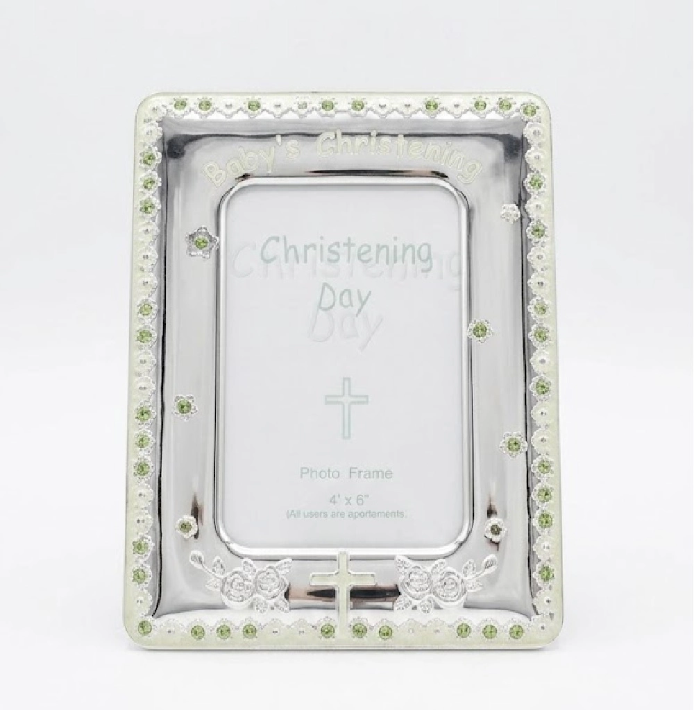 Jiallo "Baby's Christening Day" 4x6" Silver-Plated Photo Frame with Green Accents