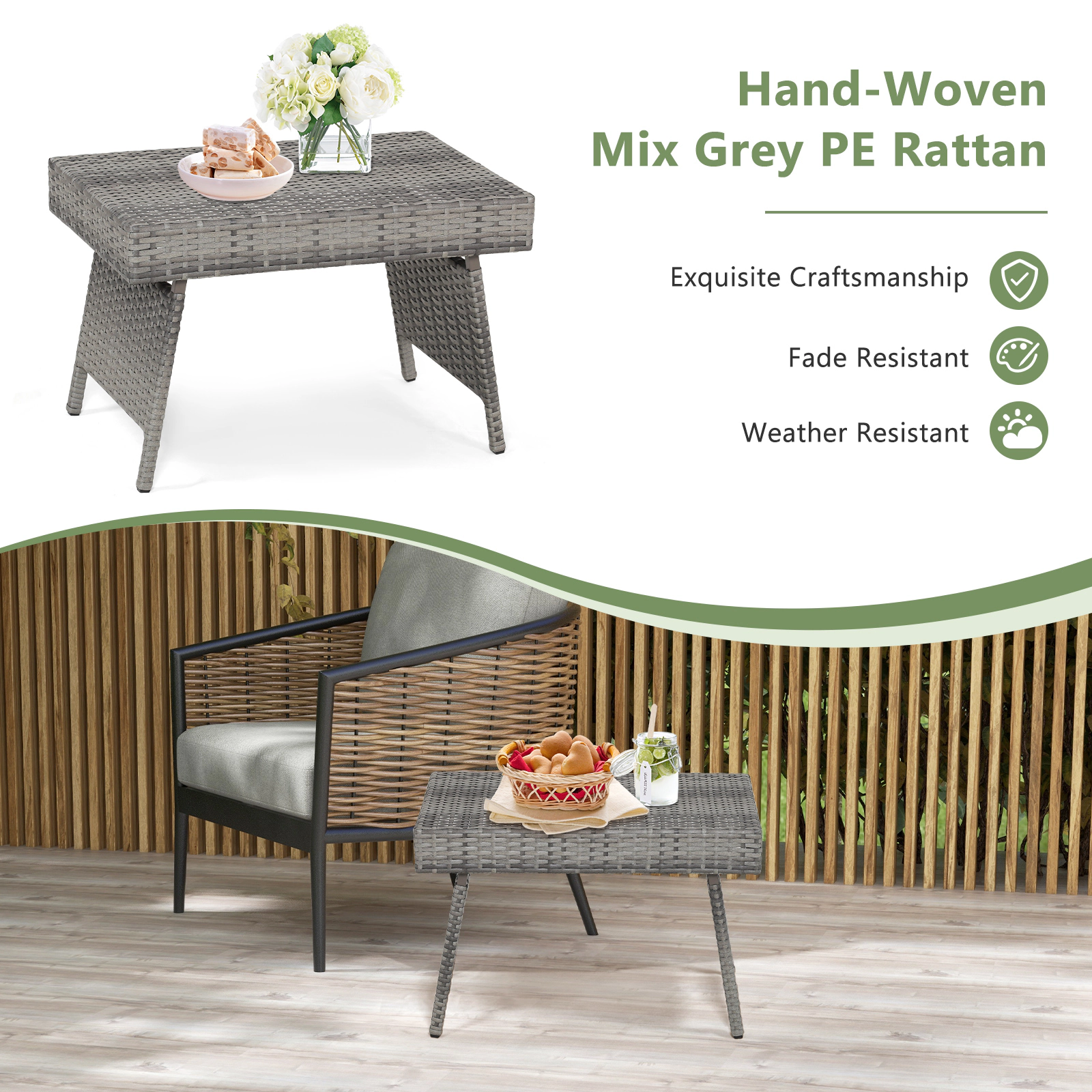 SUGIFT Gray Folding PE Rattan Outdoor Side Table, 23.5 in