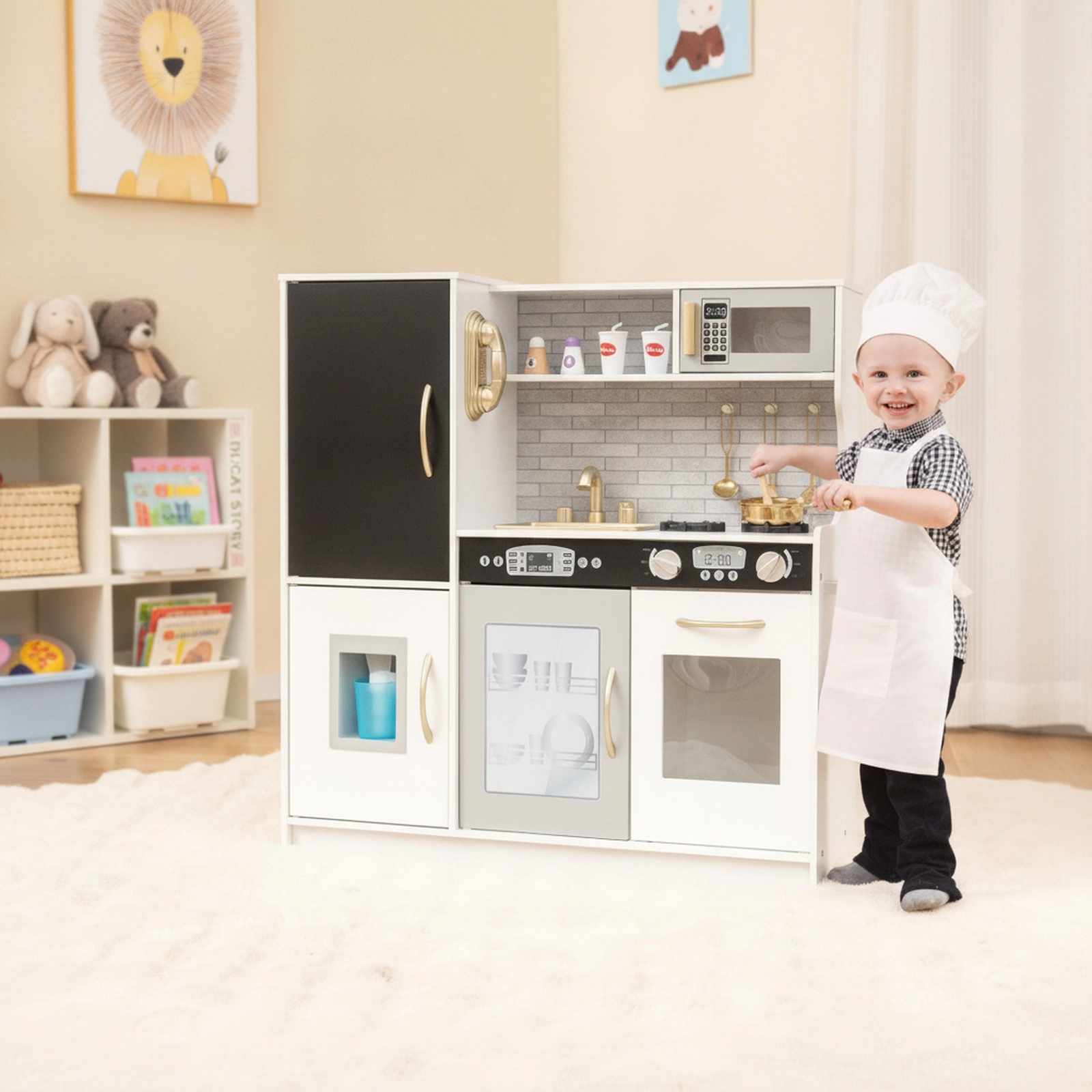 Toddler Pretend Play Kitchen Ages 3-6 Removable Sink Ice Maker Dishwasher 16-in Blackboard 32-in x 9.5-in x 31.5-in