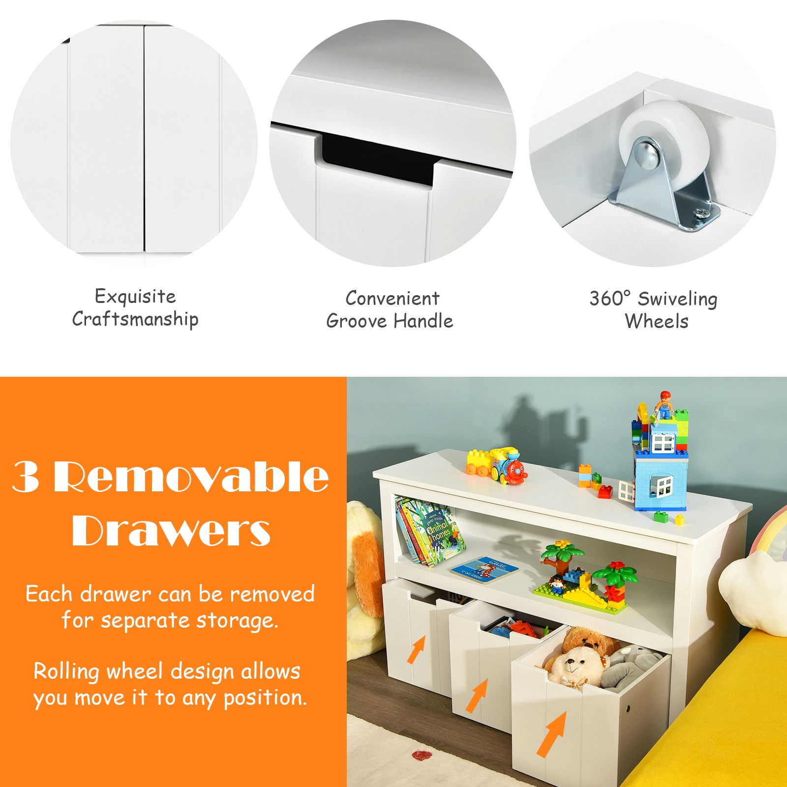 SUGIFT 3-Drawer 24.5-in 110-lb Top Kids Toy Storage Cabinet and Cube Shelf with Removable Rolling Drawers