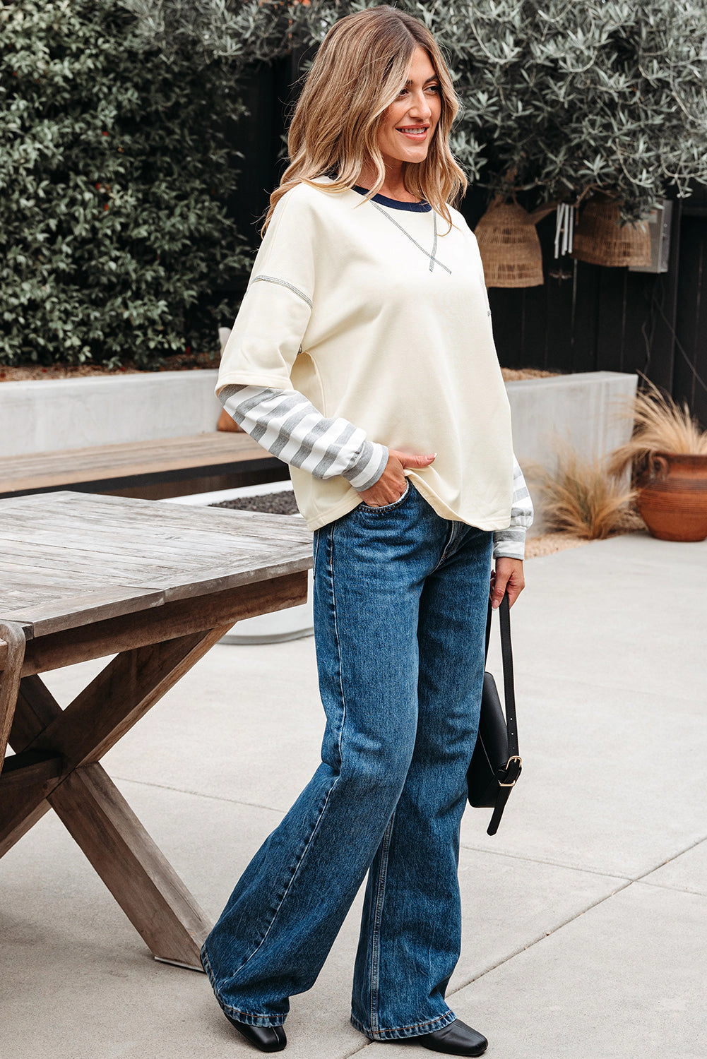 Threaded Pear Women's Ashley Striped Long Sleeve Two-in-one Top