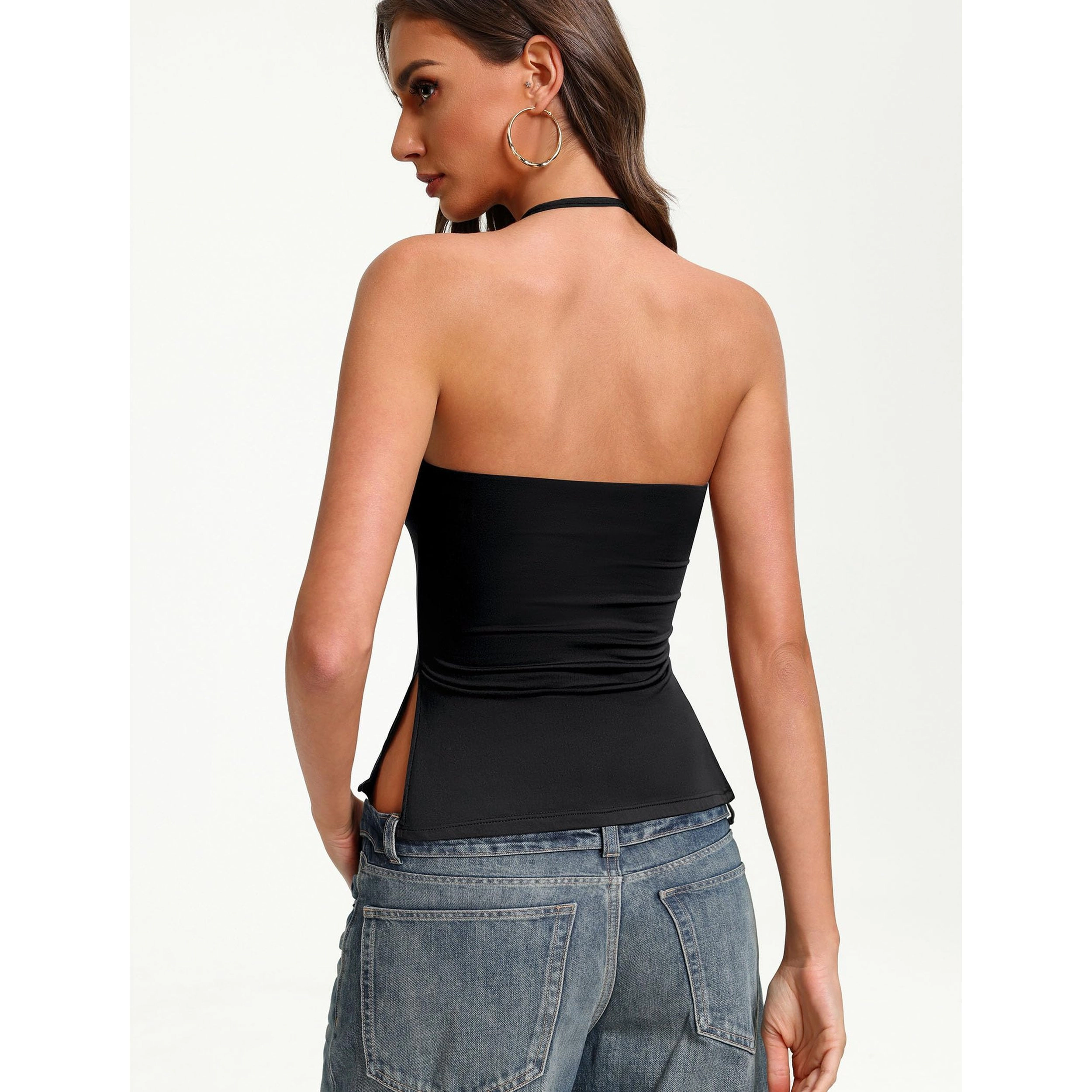 Avidlove Women's Halter Side Split Backless Double Lined Crop Tank Top