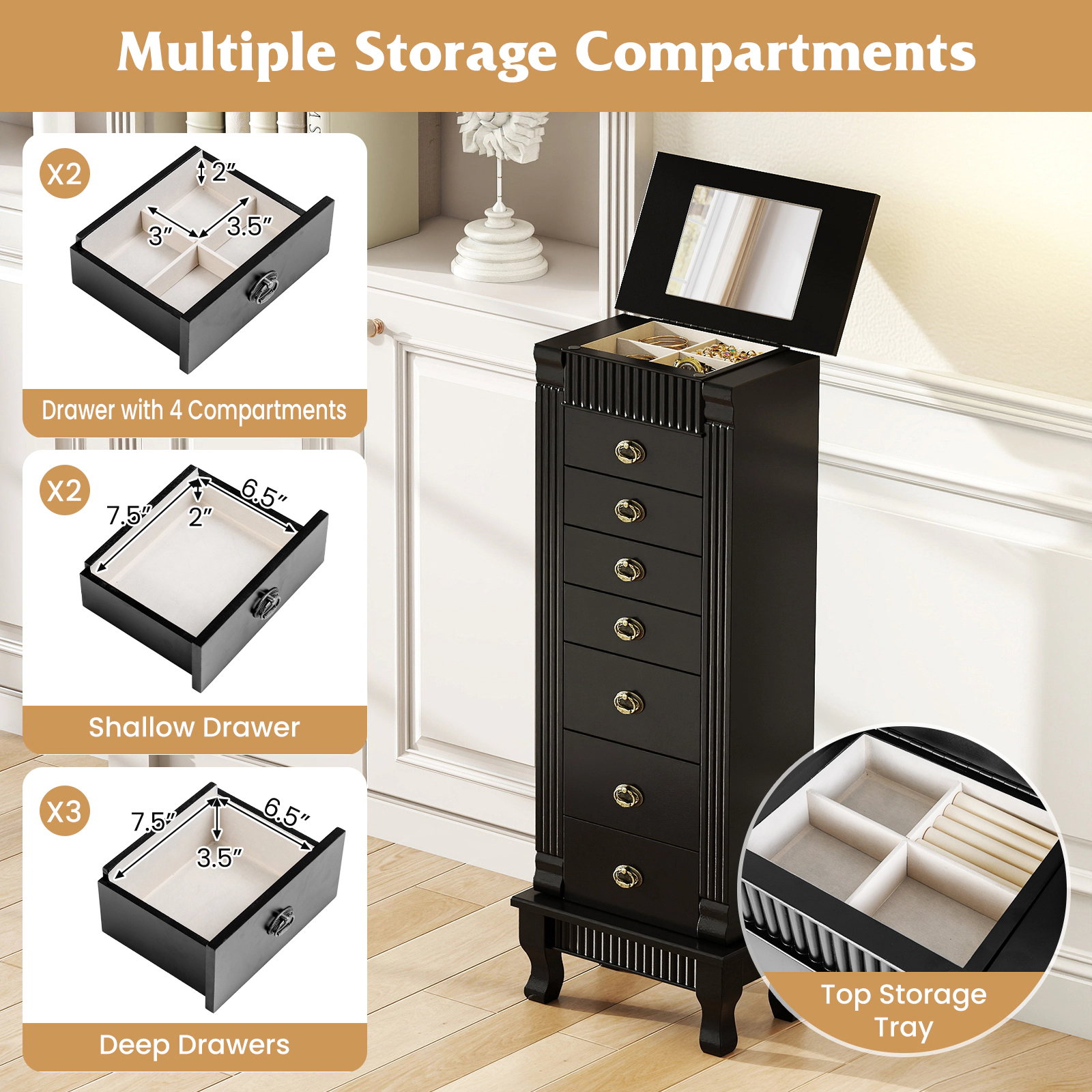 SUGIFT Wooden Jewelry Armoire Storage Chest with 7 Drawers and Side Swing Doors