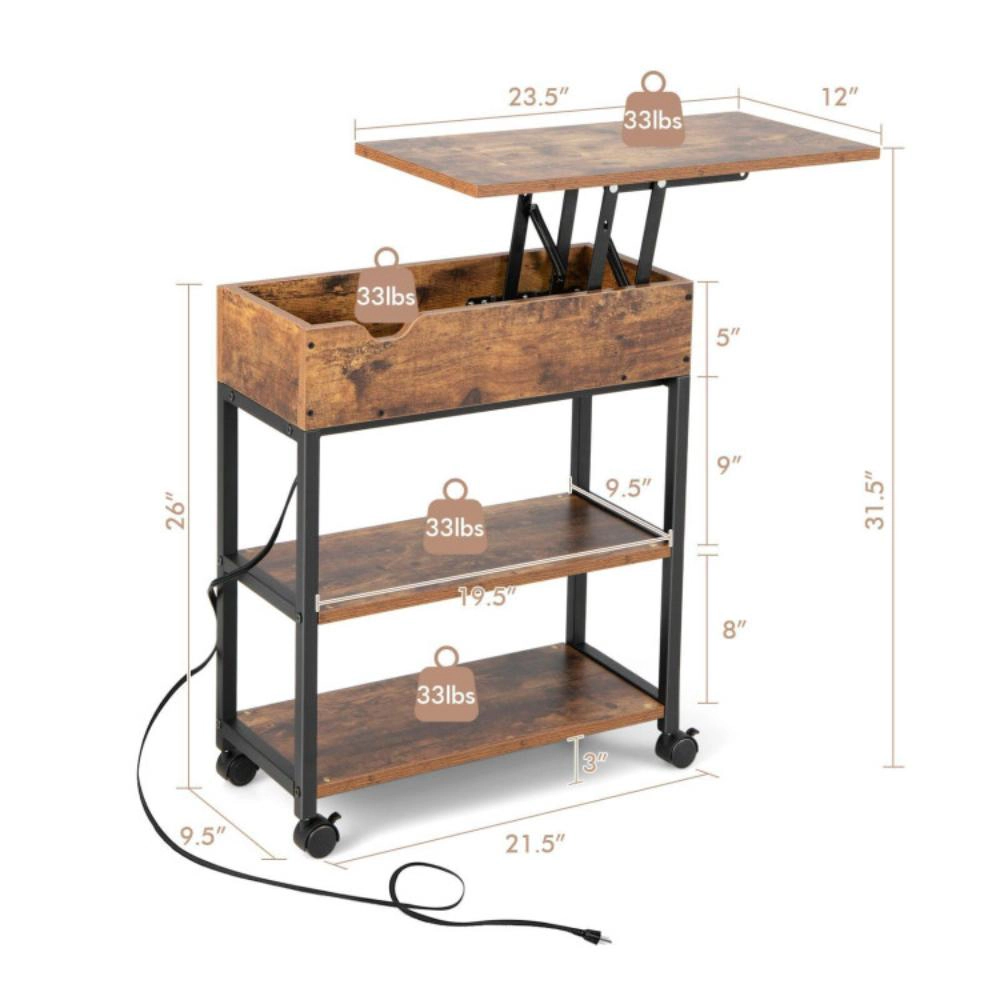 Hivvago Lift Top End Table With Charging Station And Universal Wheels-Rustic Brown