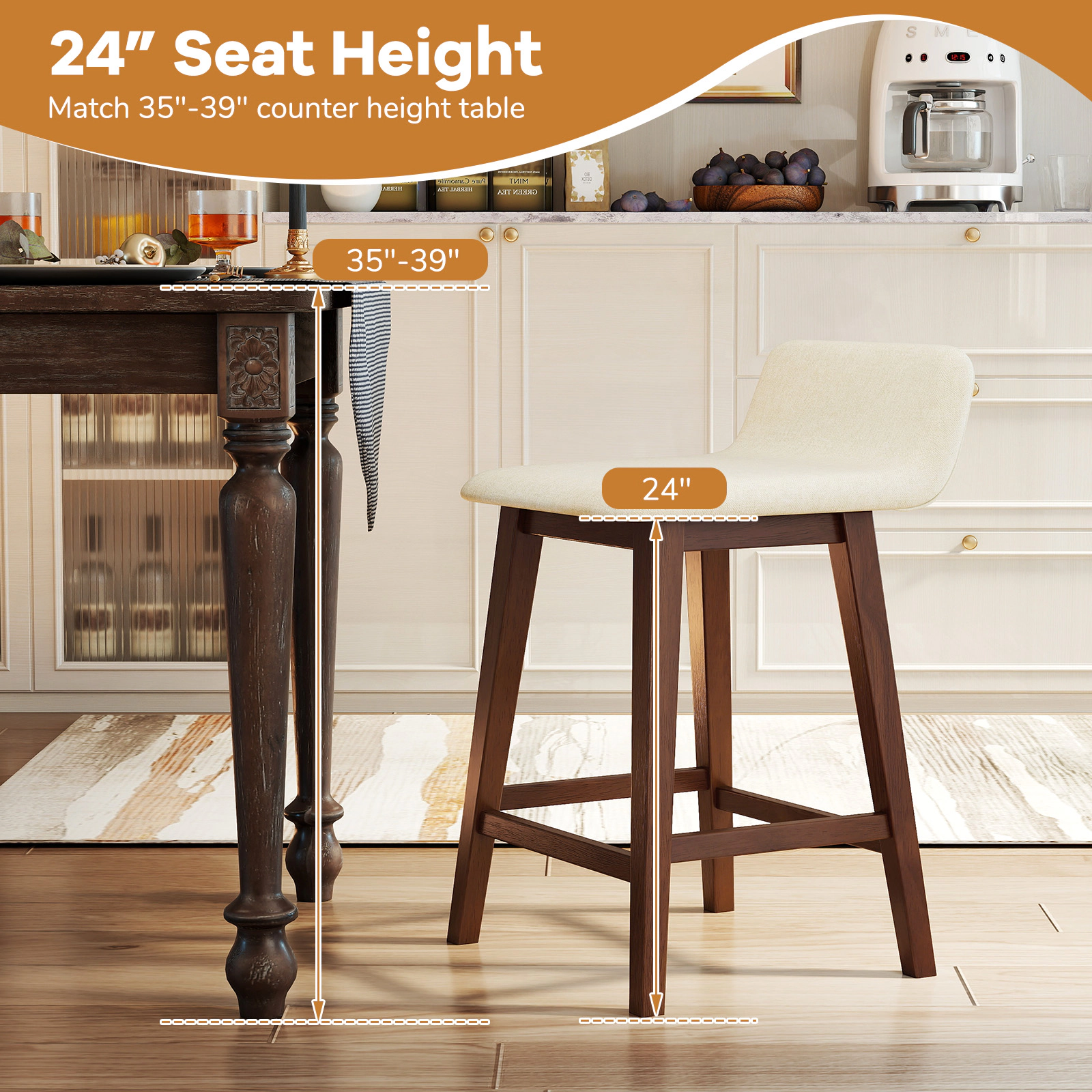 SUGIFT Set of 2 Low Back and Faux Linen Seat 24-in Seat H 330-lb Rated Counter Height Bar Stools Brown