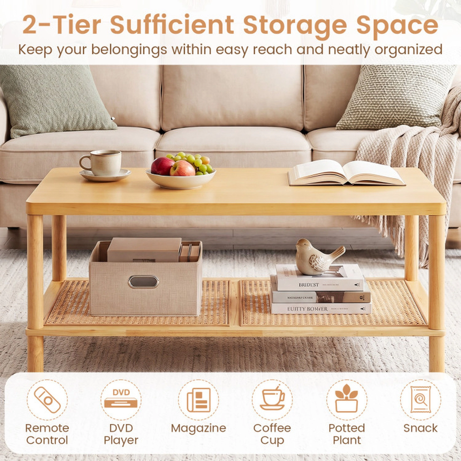 SUGIFT 39-in 185-lb Capacity 2-Tier Boho Rectangular Coffee Table with PVC Rattan Shelf and Rubber Wood Frame