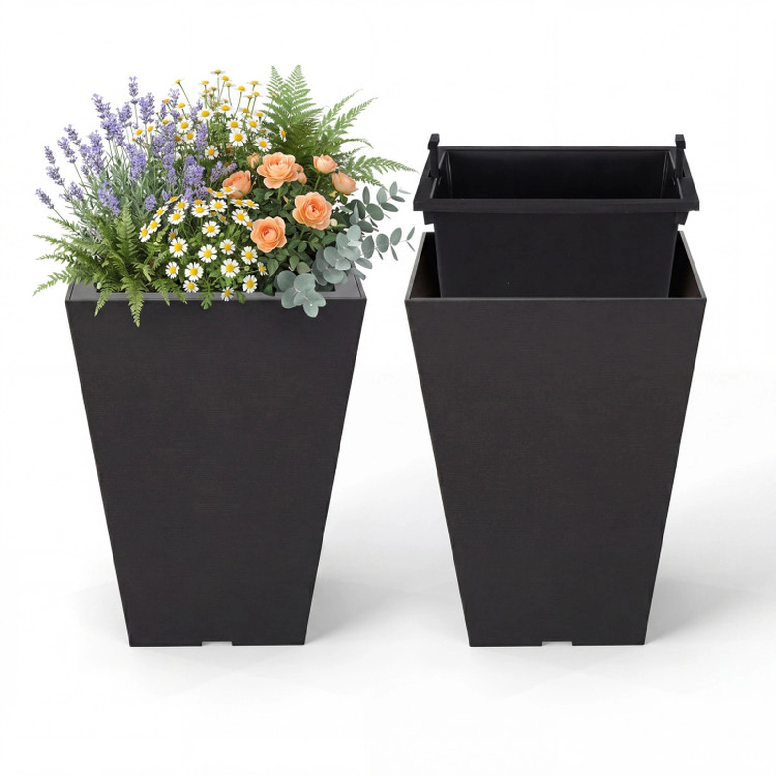 SUGIFT Set of 2 Square Taper Planters with Removable Inner Buckets 14-in Tall Self-Watering Brown